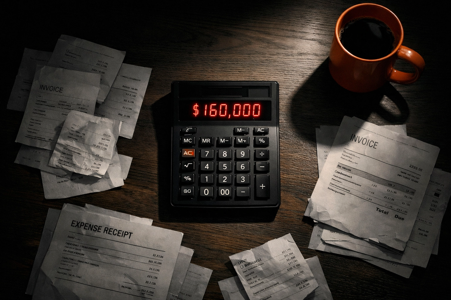 Calculator showing $160K in fully loaded SDR costs surrounded by invoices and expense receipts