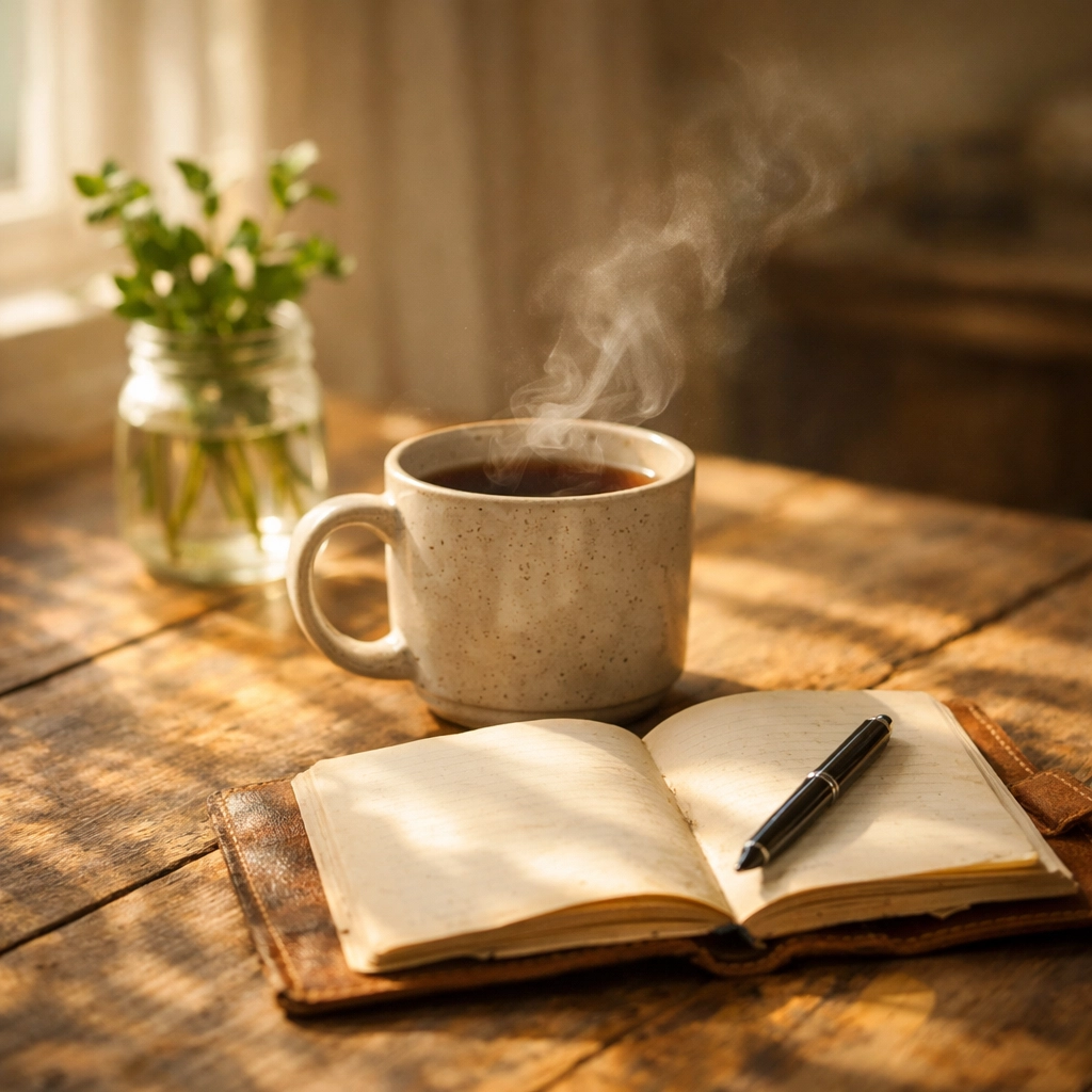 A peaceful morning scene with tea and a journal on a sunlit rustic table, celebrating simple living and quiet moments.