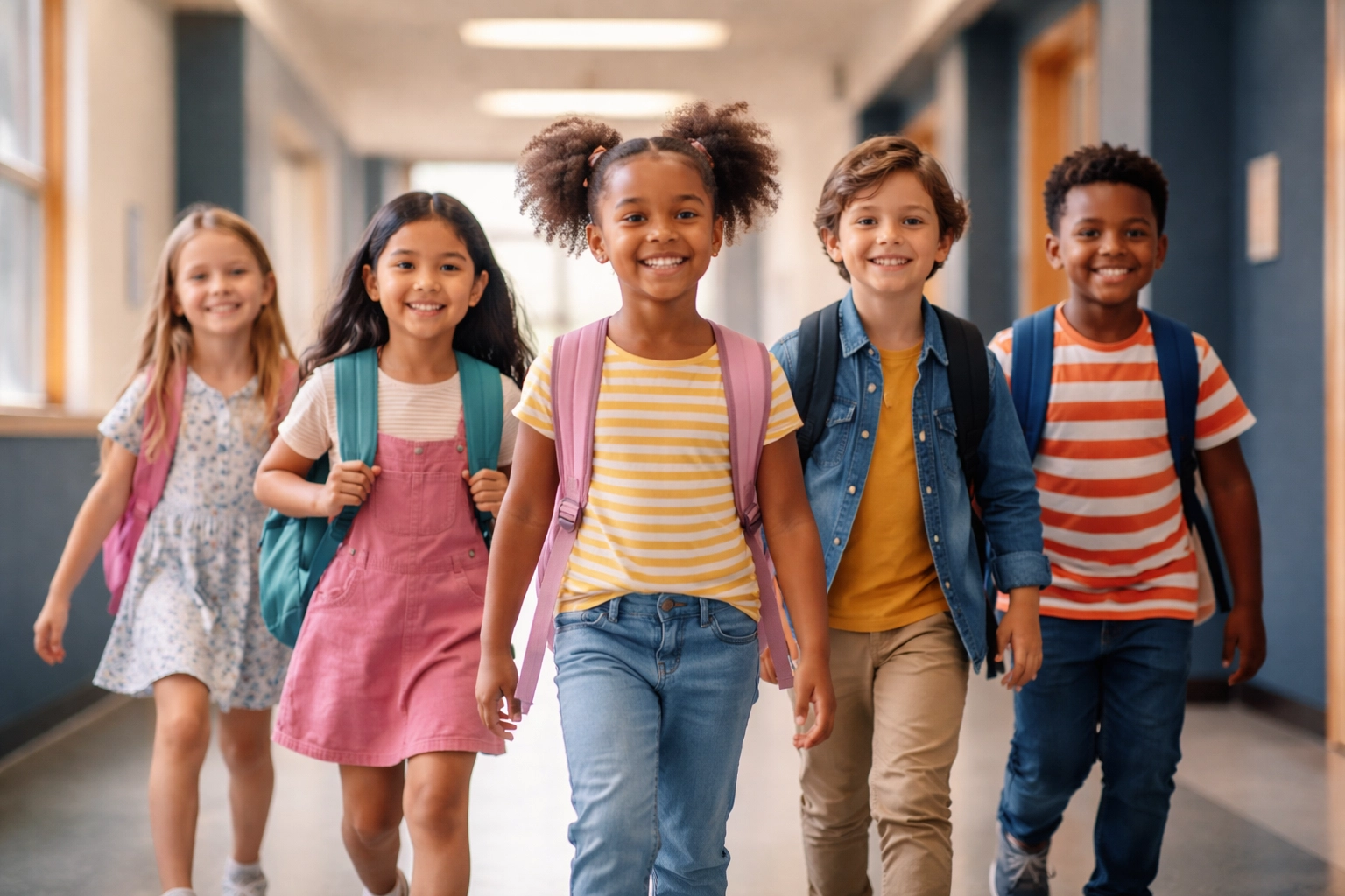 Diverse elementary students walking confidently in a bright hallway, showing safe learning through effective school security risk management.