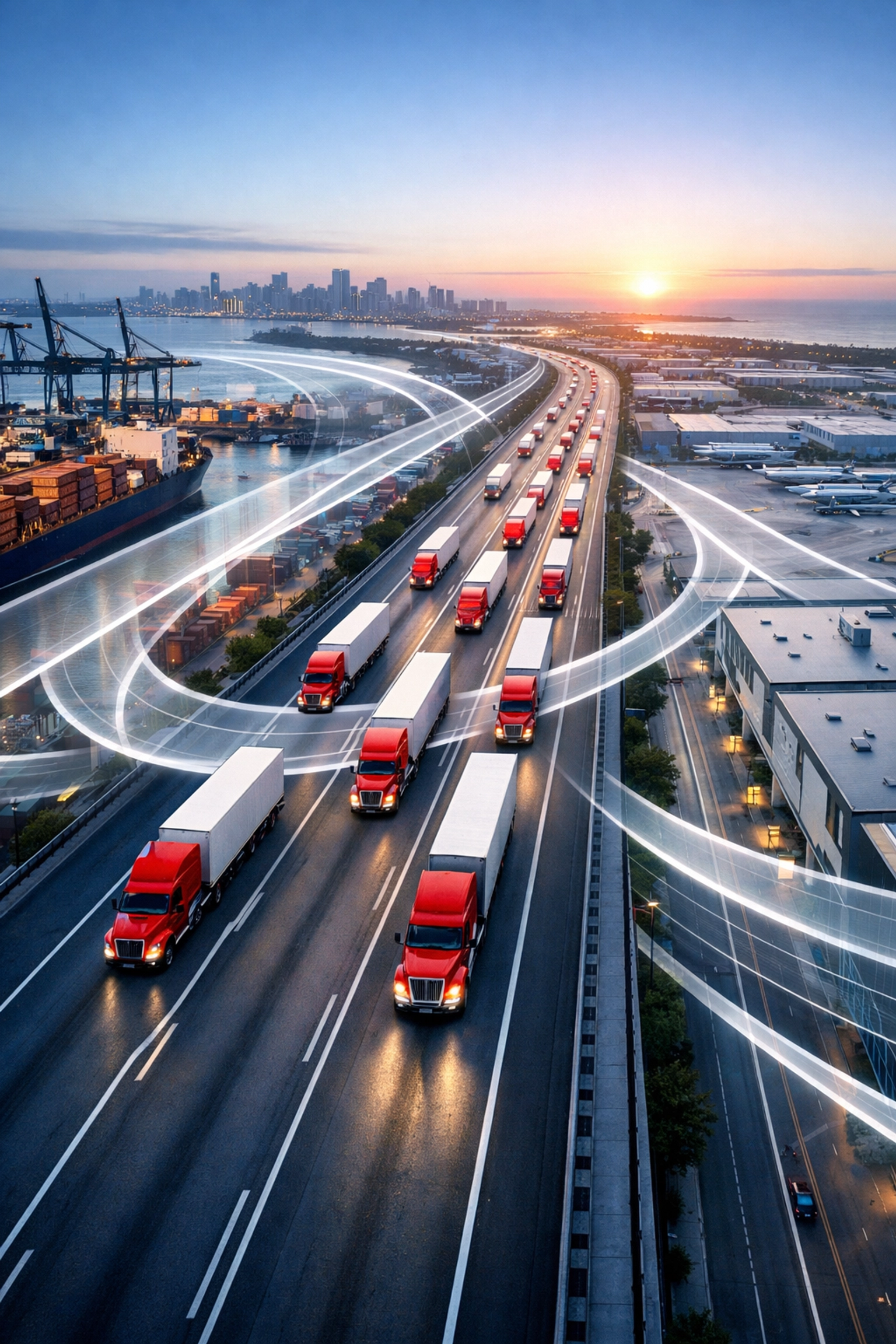 Aerial view of efficient logistics Miami FL transportation corridor connecting warehouses and major cargo hubs.