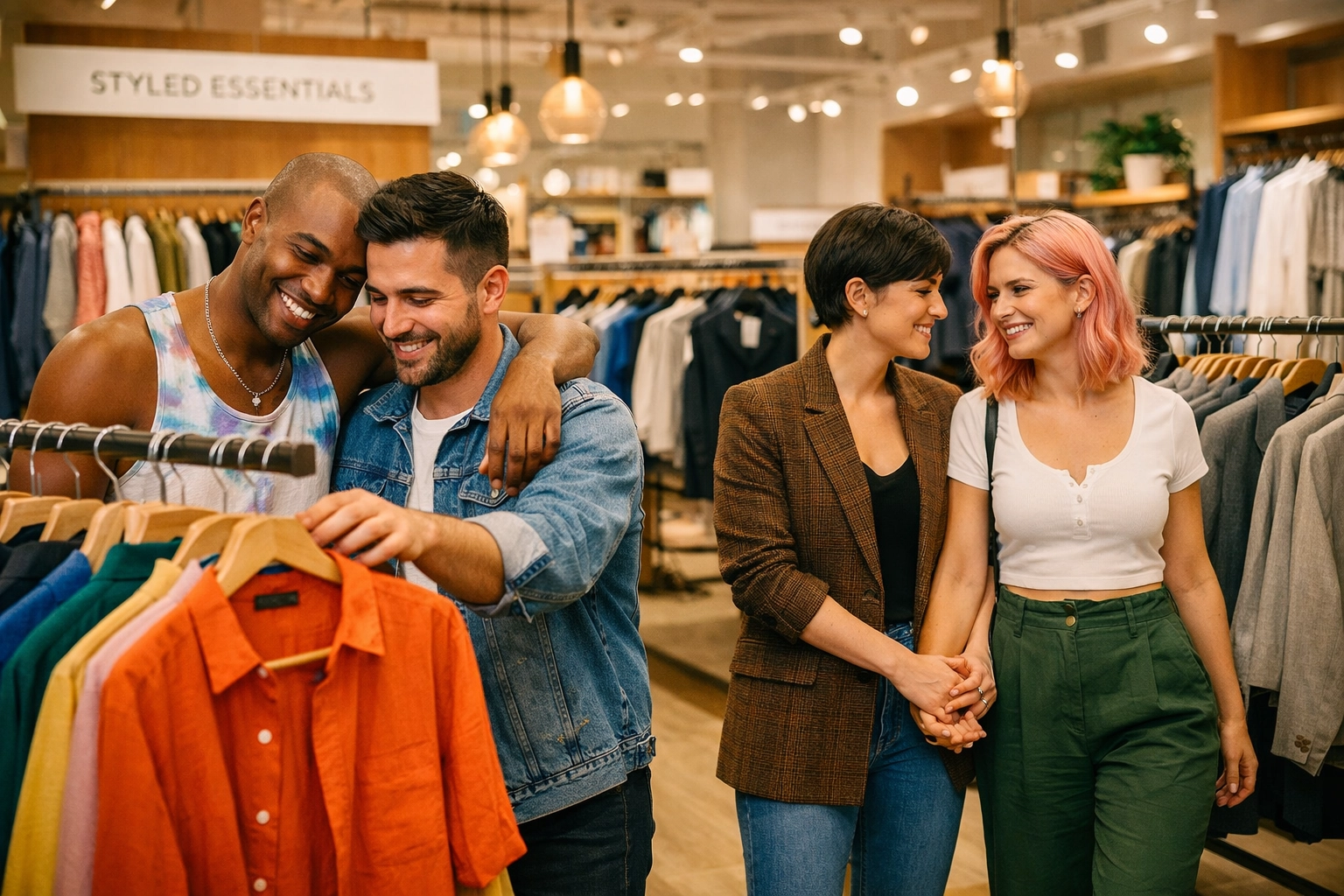 LGBTQ+ couples shopping together in inclusive gender-fluid fashion section without binary divisions