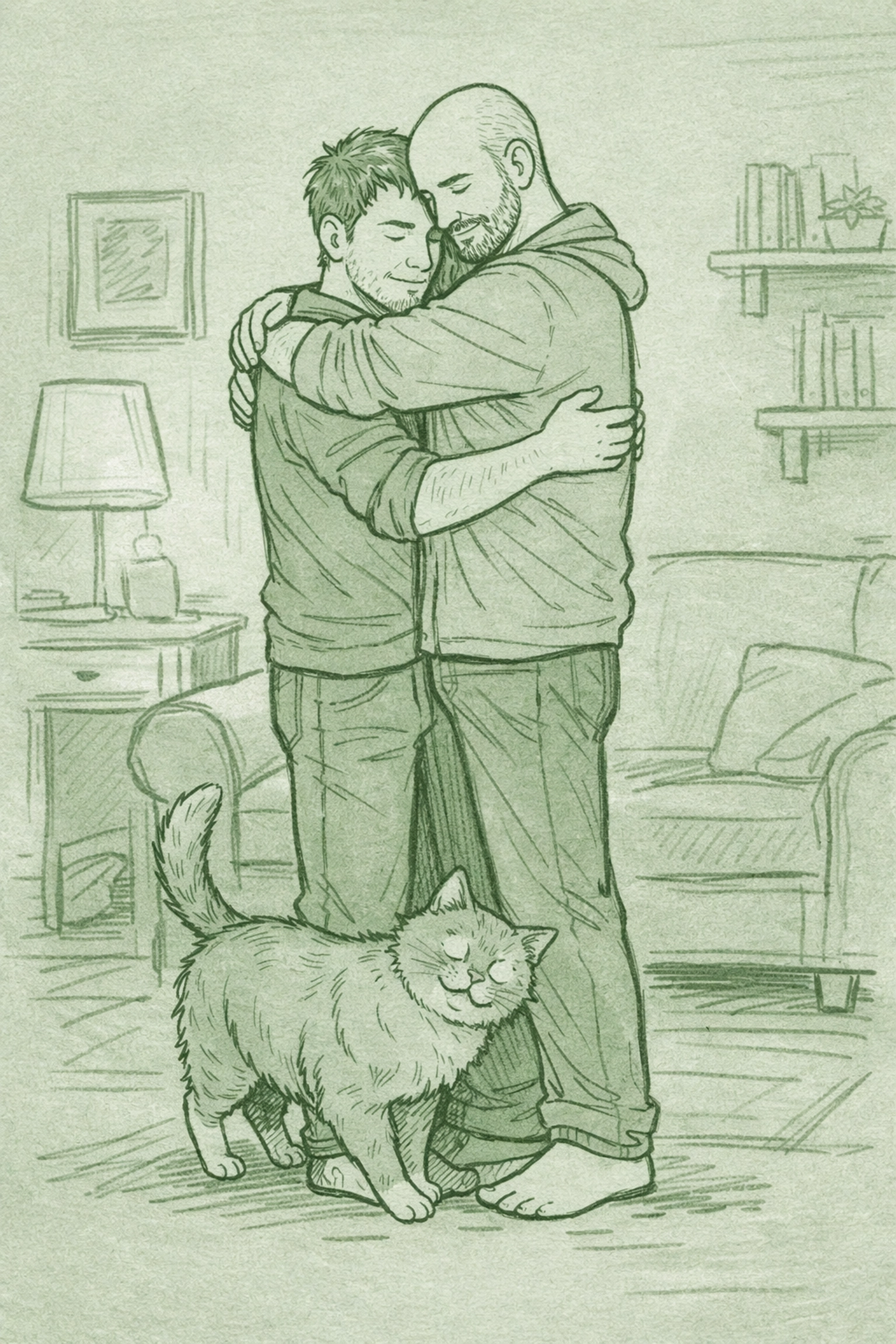 Gay couple embracing blind senior cat in their home