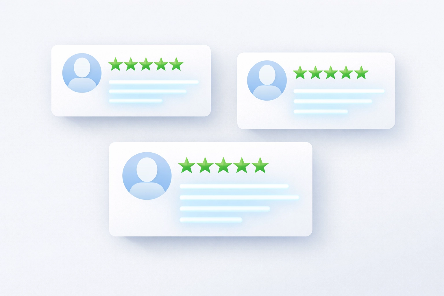 Modern UI mockup of customer testimonials and five-star ratings used as trust signals to increase website sales.