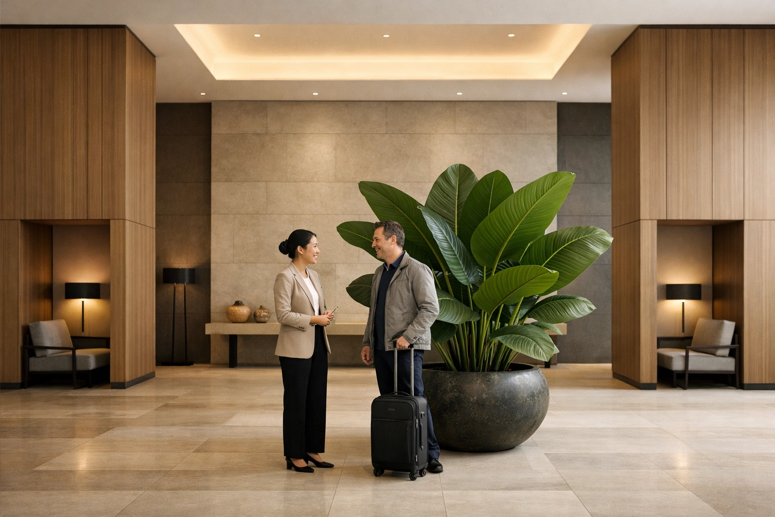 Hotel staff and guest interacting in a minimalist lobby, showcasing efficient, modern hospitality service.