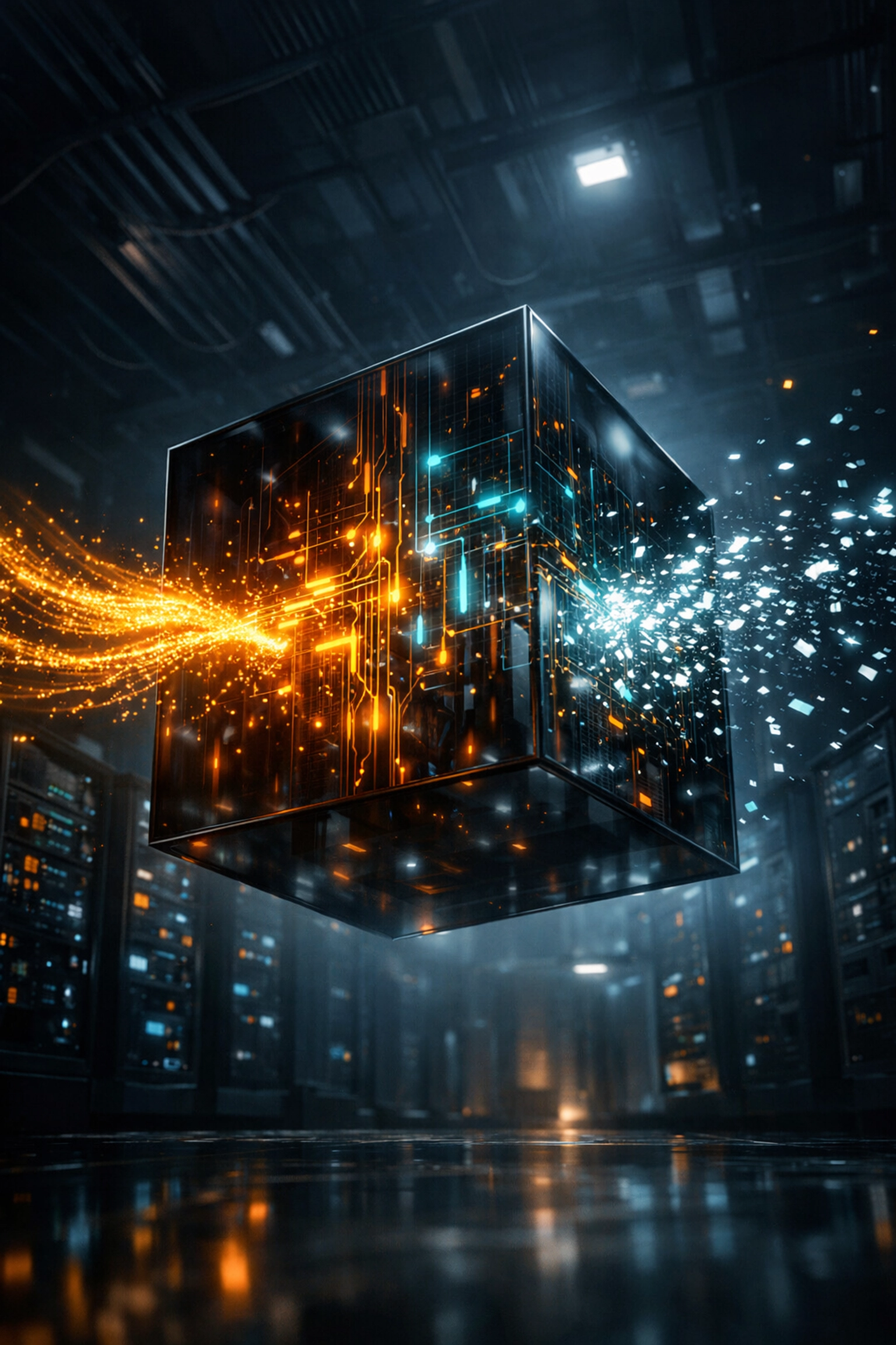 Digital cube visualizing PPC automation and the risk of wasted ad spend and lost ROI in a server room.