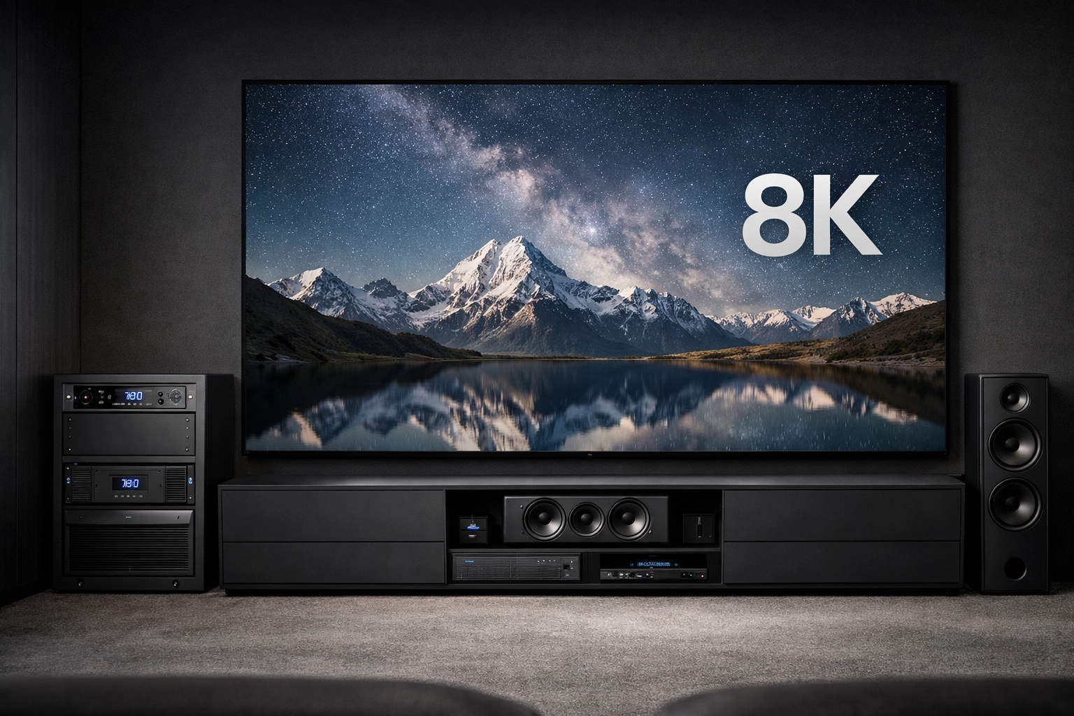 Luxury home theater with 8K display and professional UPS power protection for reliable holiday entertainment.
