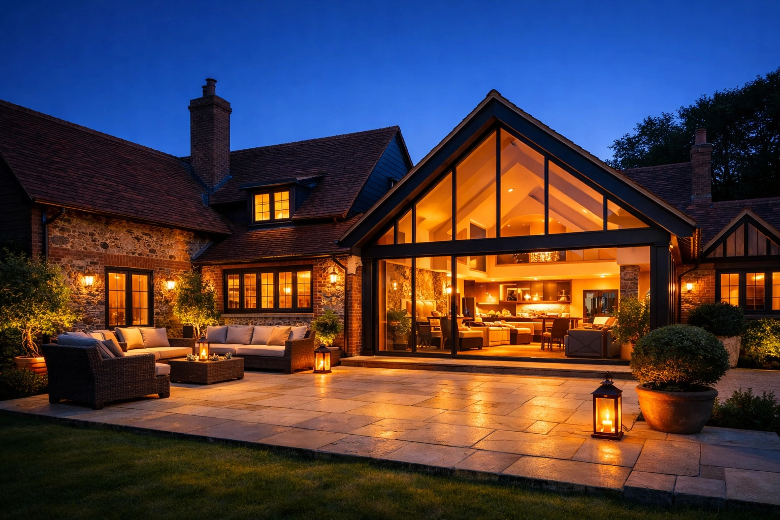 Luxury home extension in West Sussex showcasing modern architectural design and premium glazing at twilight.