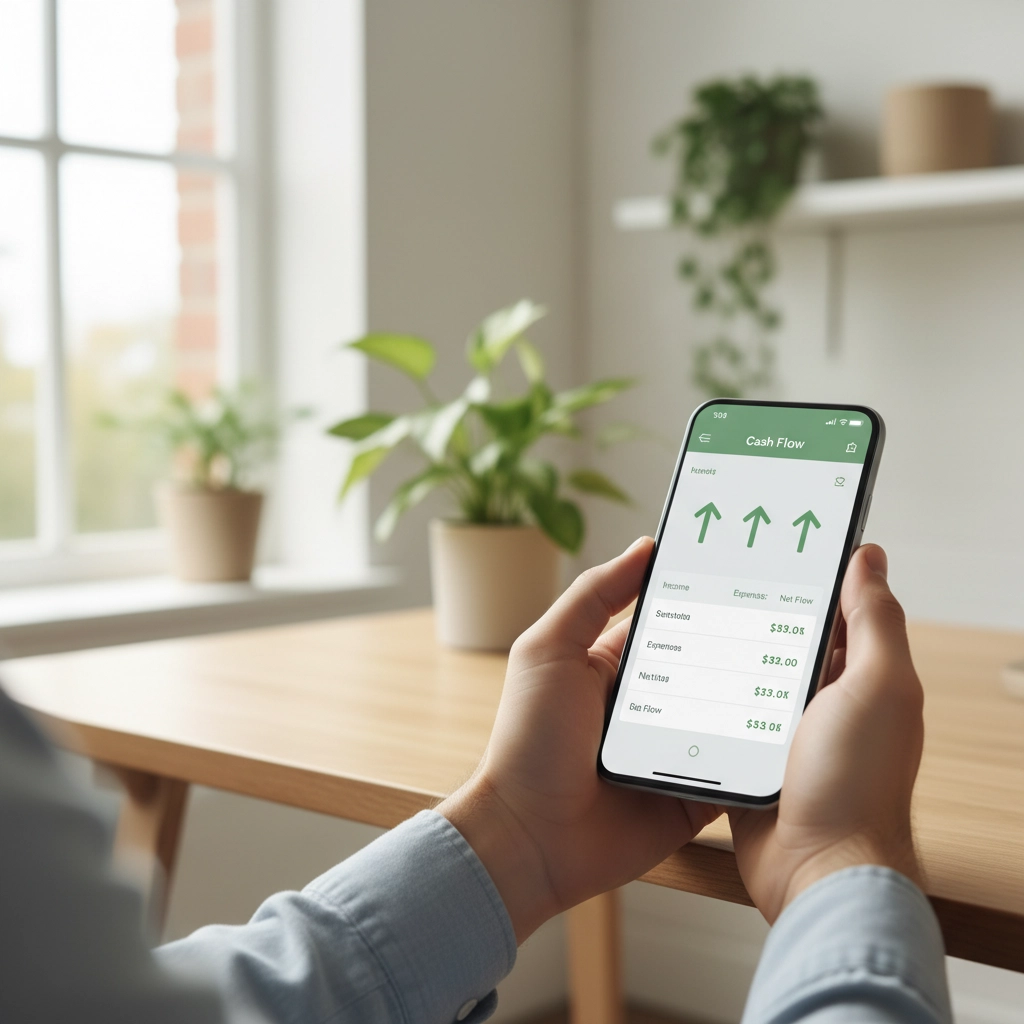 A person holding a smartphone displaying a cash flow app with upward-pointing arrows, with green houseplants and soft natural light in the background.