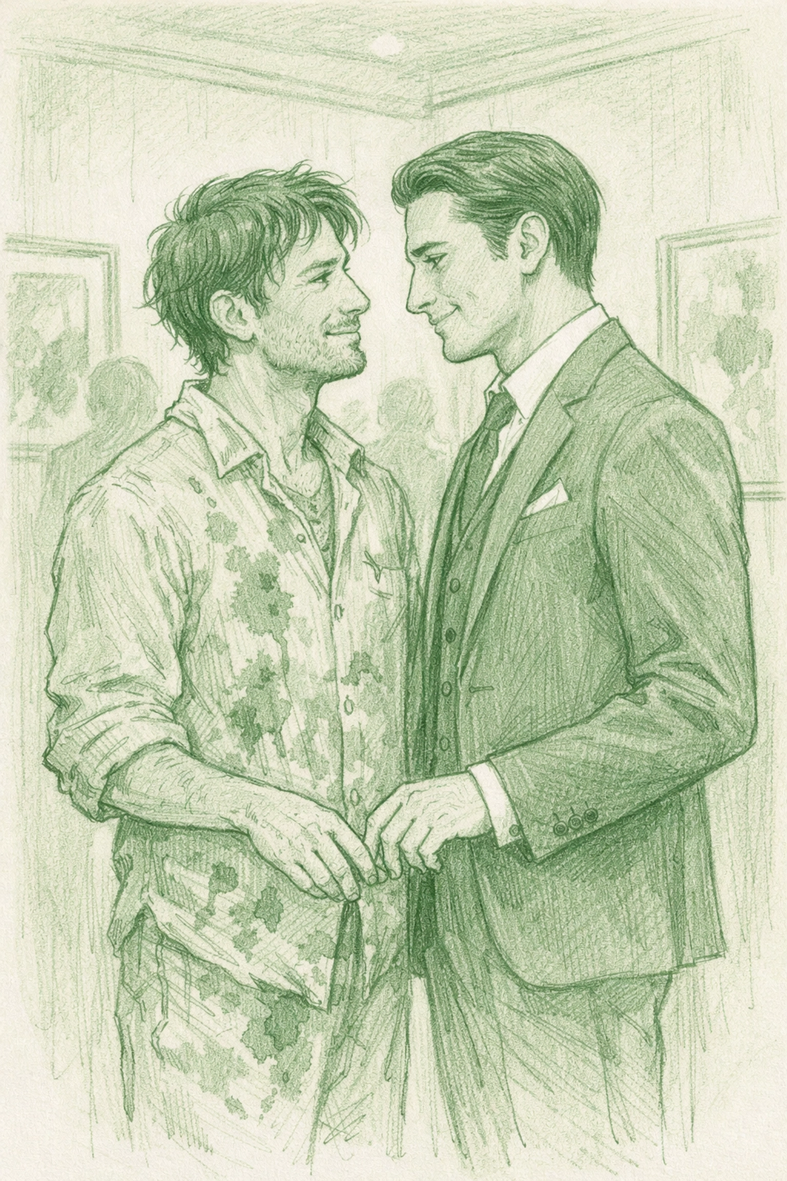 Artist and male muse together at gallery - MM romance and public visibility