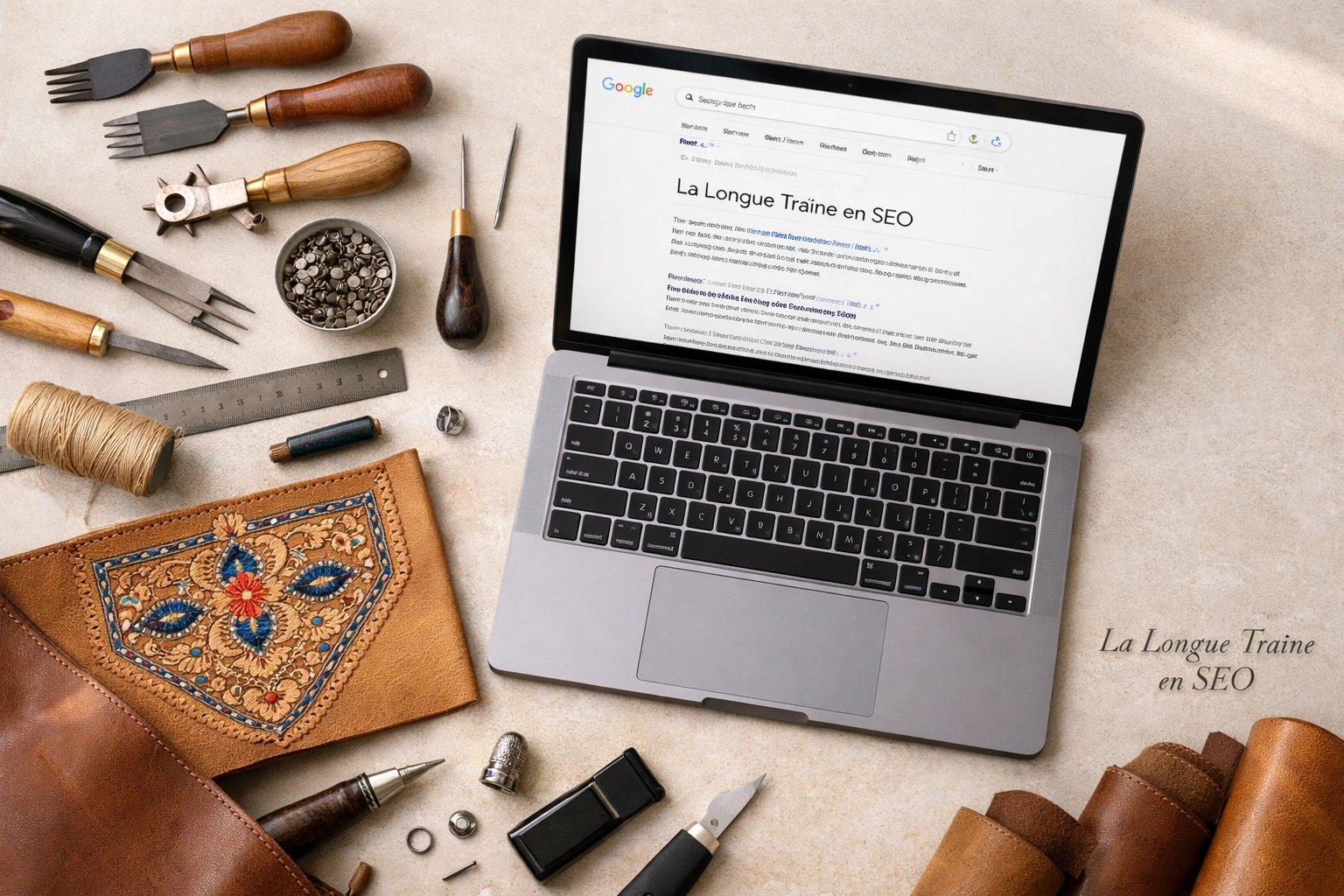 Bureau d'artisan tunisien avec un ordinateur affichant une stratégie SEO de longue traîne.