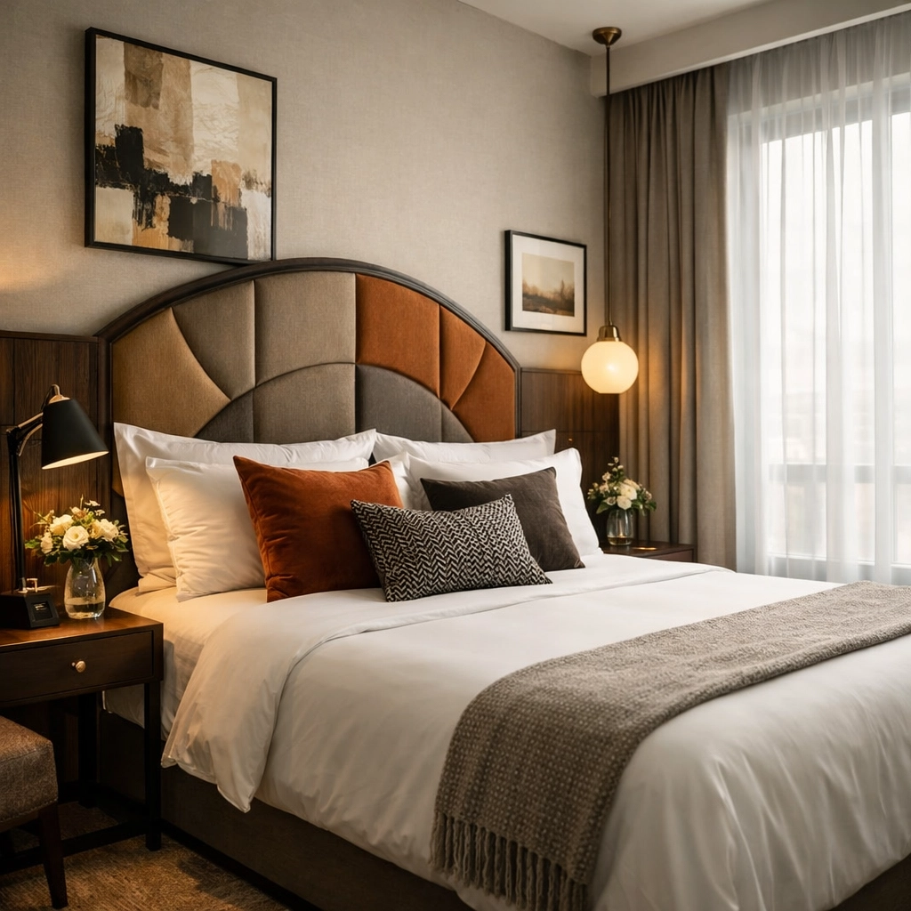 Elegant boutique hotel room with plush bedding and modern design