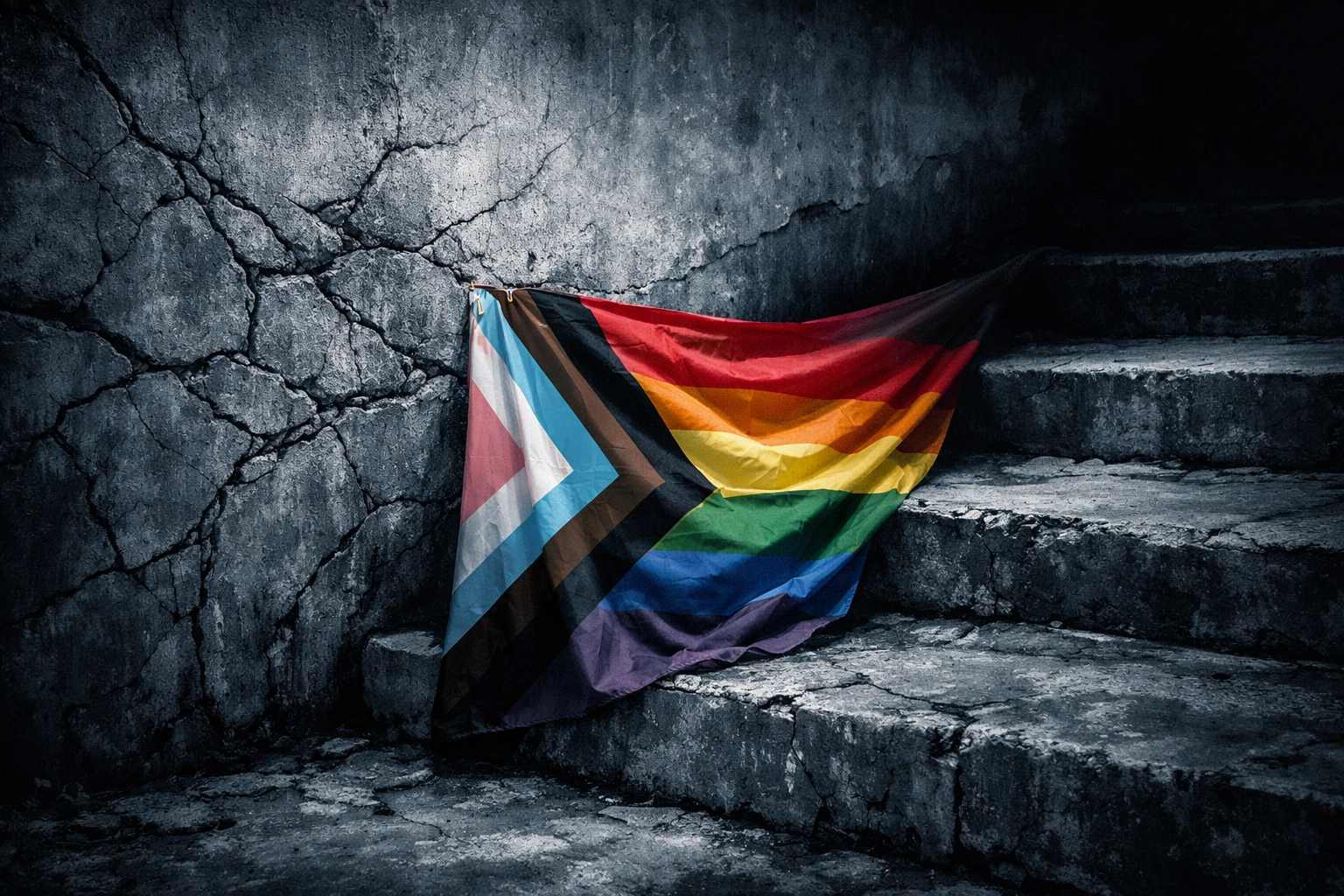 Progress Pride Flagge an urbaner Wand symbolisiert fortdauernden Kampf für LGBTQIA+ Rechte