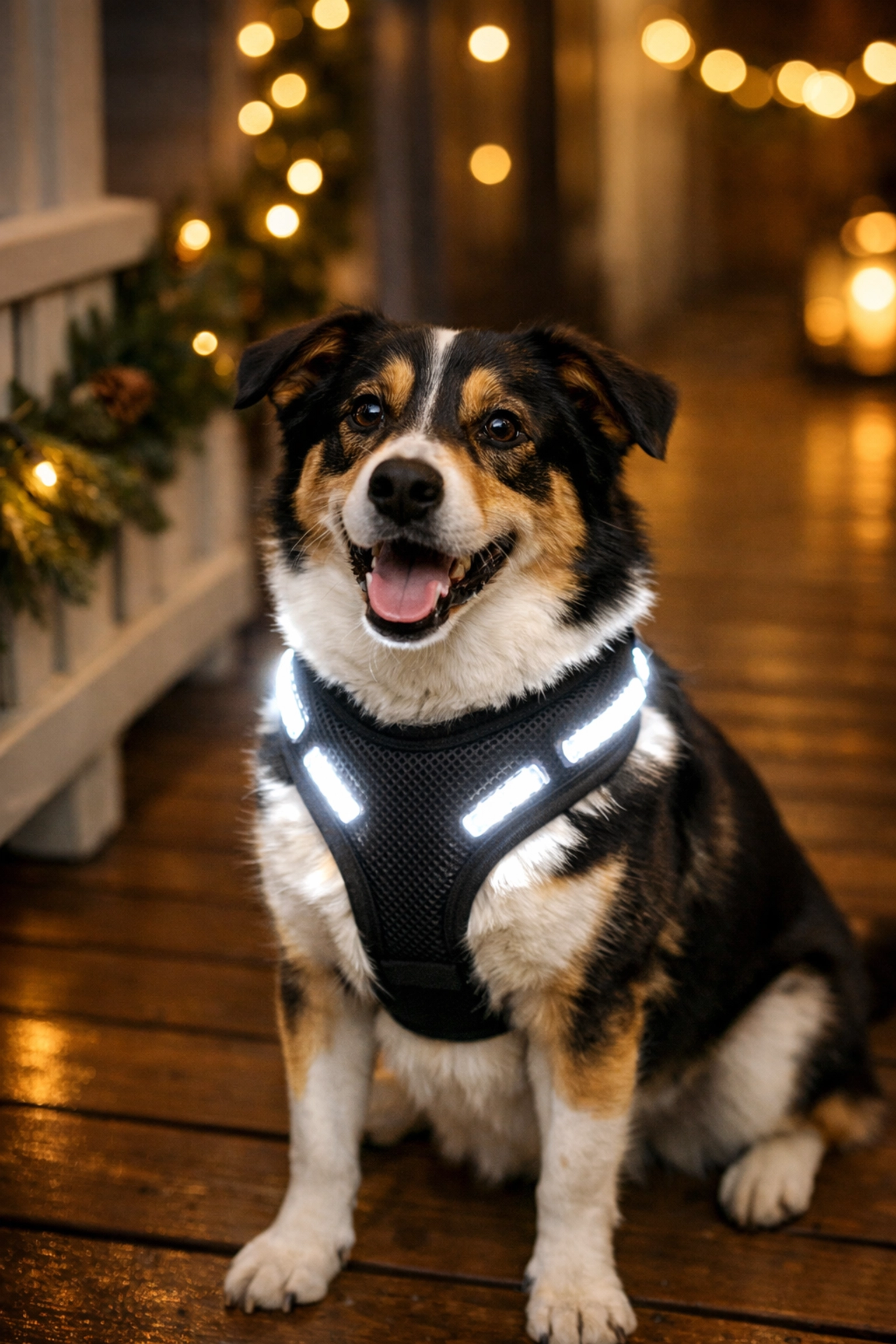 Dog wearing LED harness with glowing white lights on porch with holiday decorations