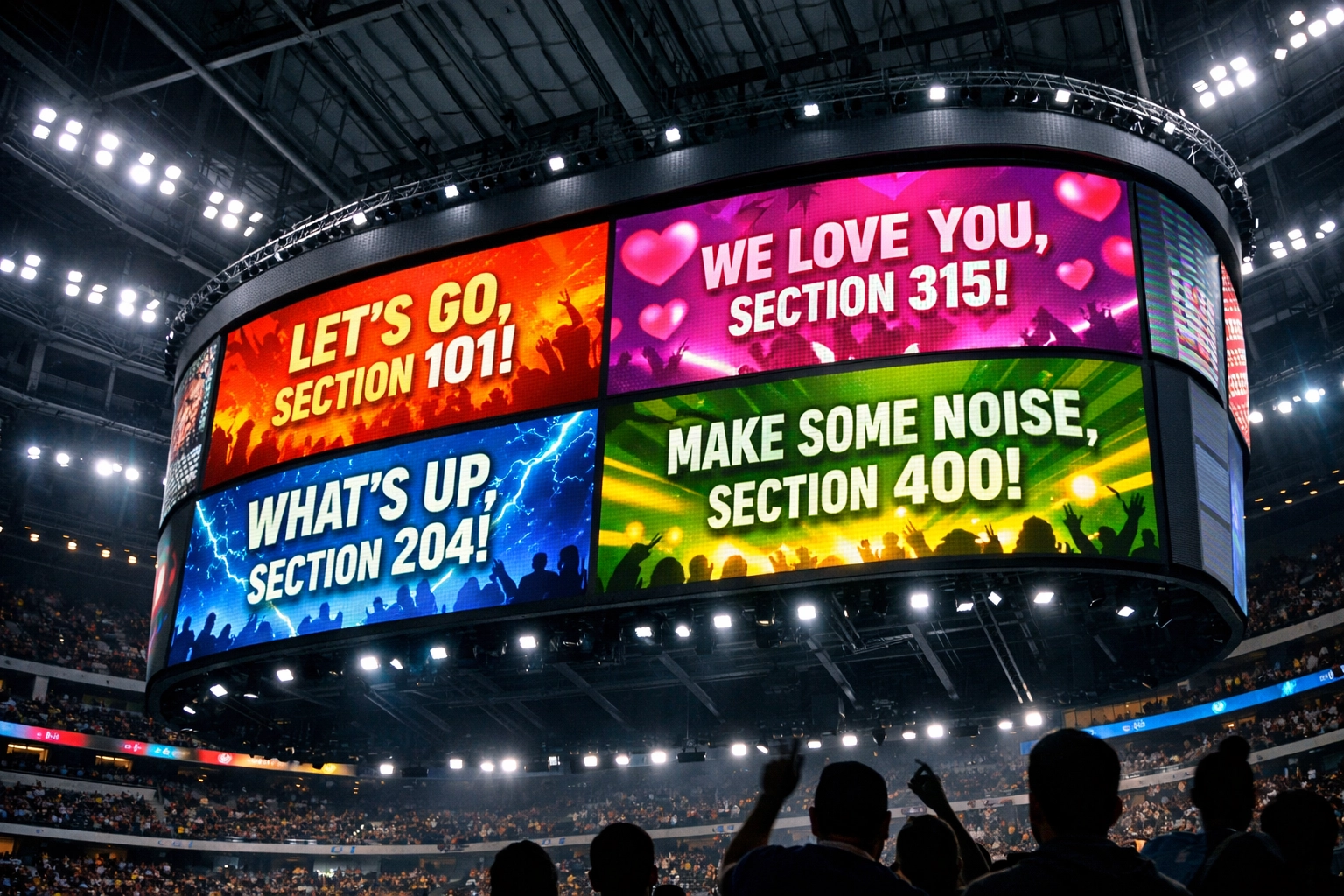 Stadium jumbotron displaying personalized messages to fans at Super Bowl 2026 fan experience