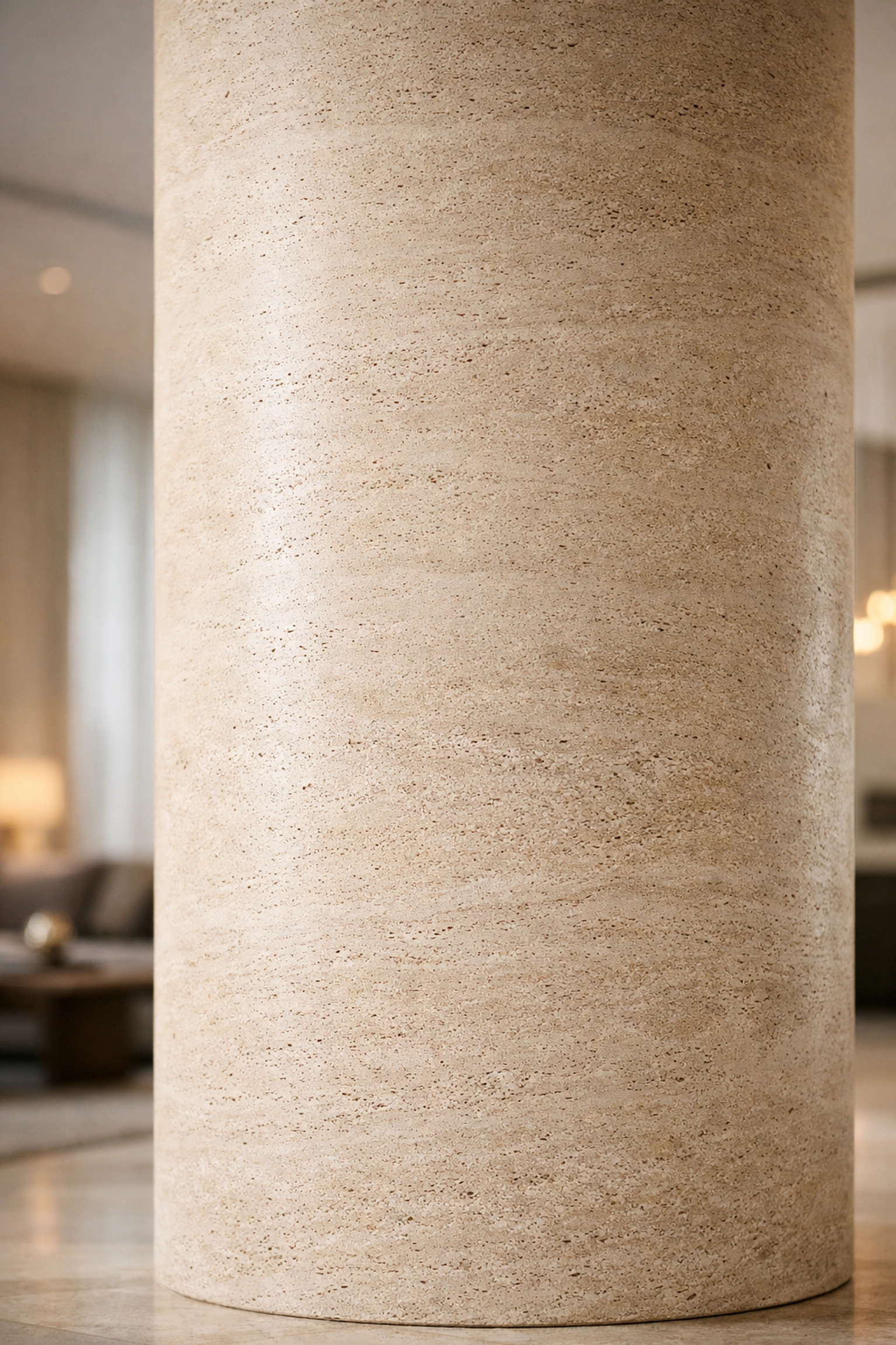 Beige travertine Flexible Natural Stone™ wrapped seamlessly around a curved architectural column.