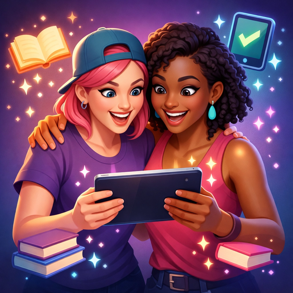 Diverse lesbian authors celebrating the successful digital upload of their queer fiction novel.