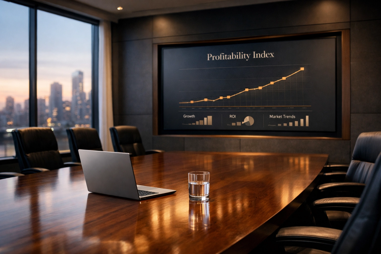 Modern office interior with a profitability chart on screen, highlighting ROI from custom software development and AI.