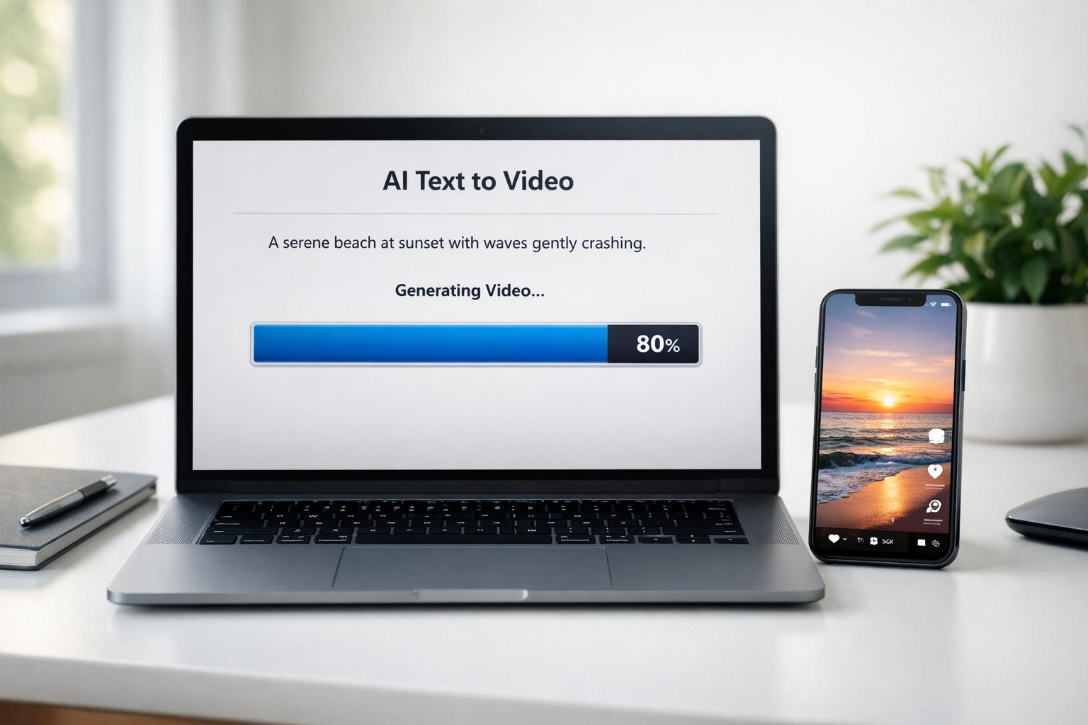 AI video generator interface creating social media content in minutes on laptop and smartphone