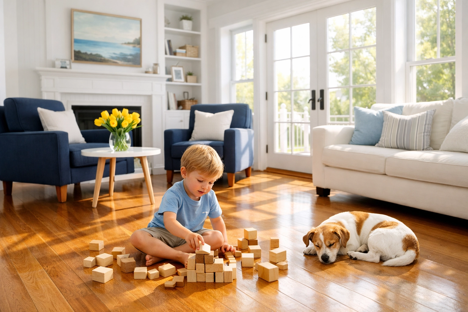 Clean, safe living room in Stow, MA after professional eco-friendly house cleaning services.