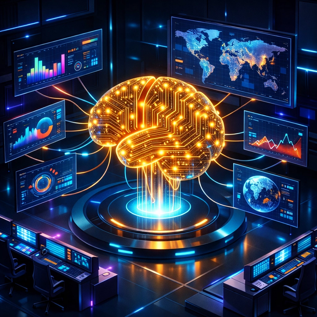 AI technology managing global advertising campaigns with real-time data visualization on screens.