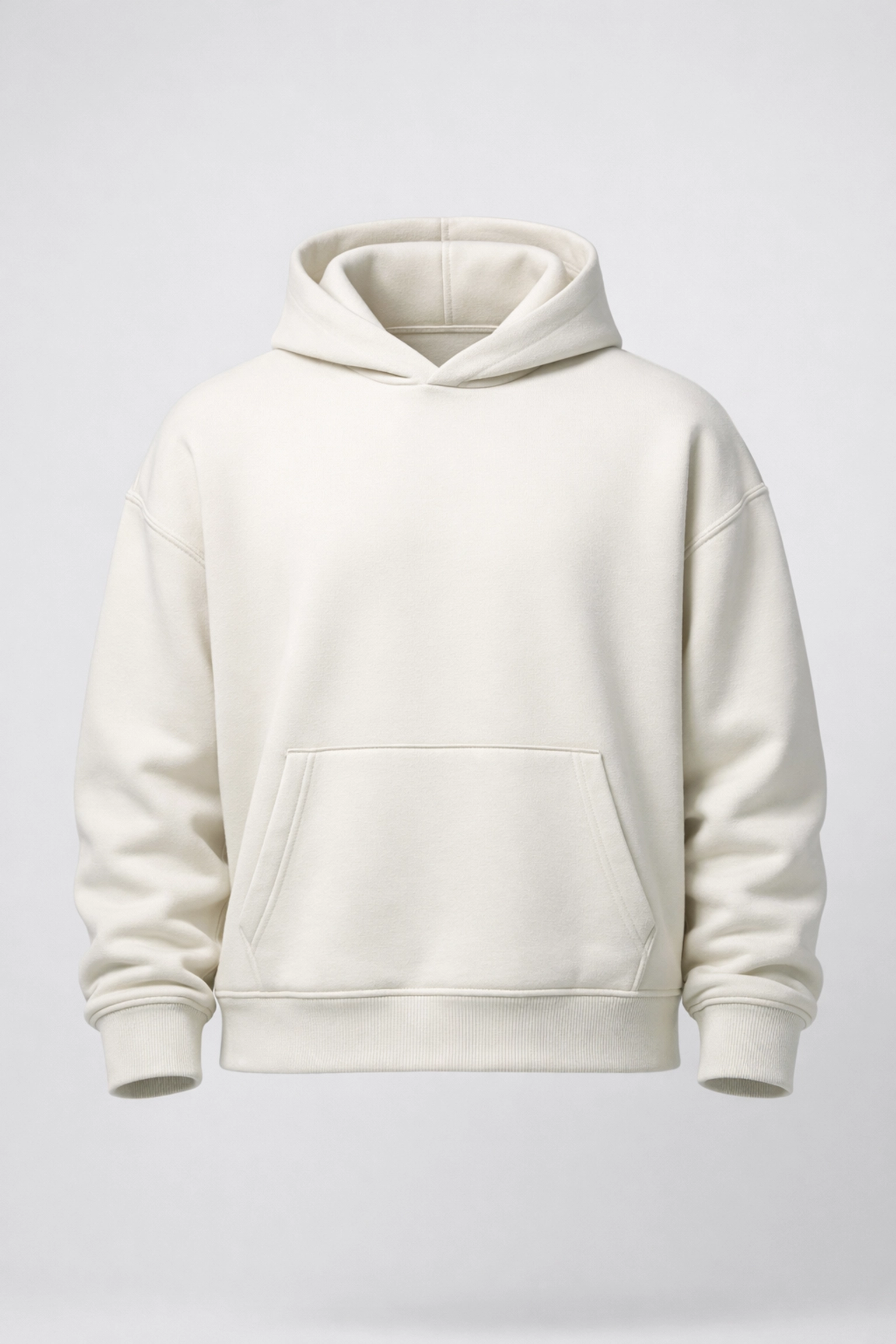Premium 10 oz bone white heavyweight hoodie with a structured drop-shoulder silhouette for high-end streetwear brands.