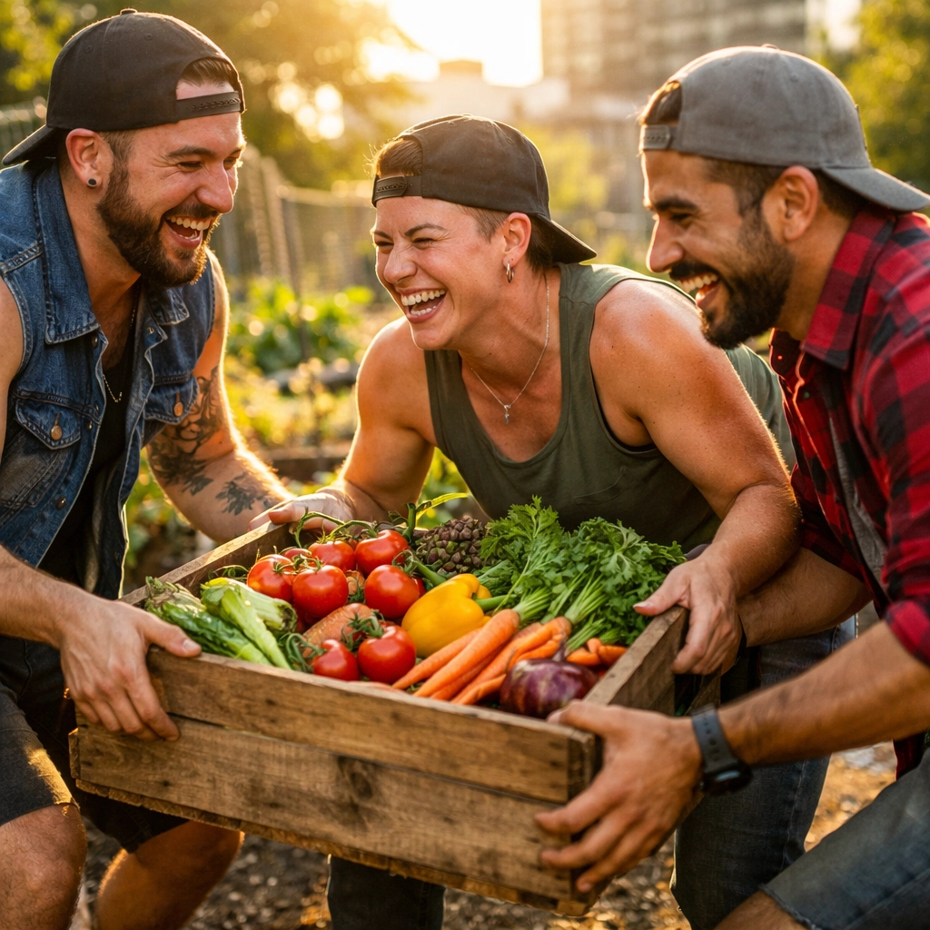 Queer individuals practicing mutual aid and community building while working together in a local garden.