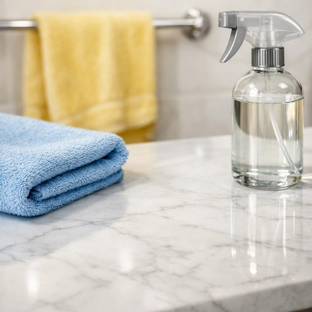 Close-up of a spotless marble bathroom vanity cleaned by professional house cleaning services MA.