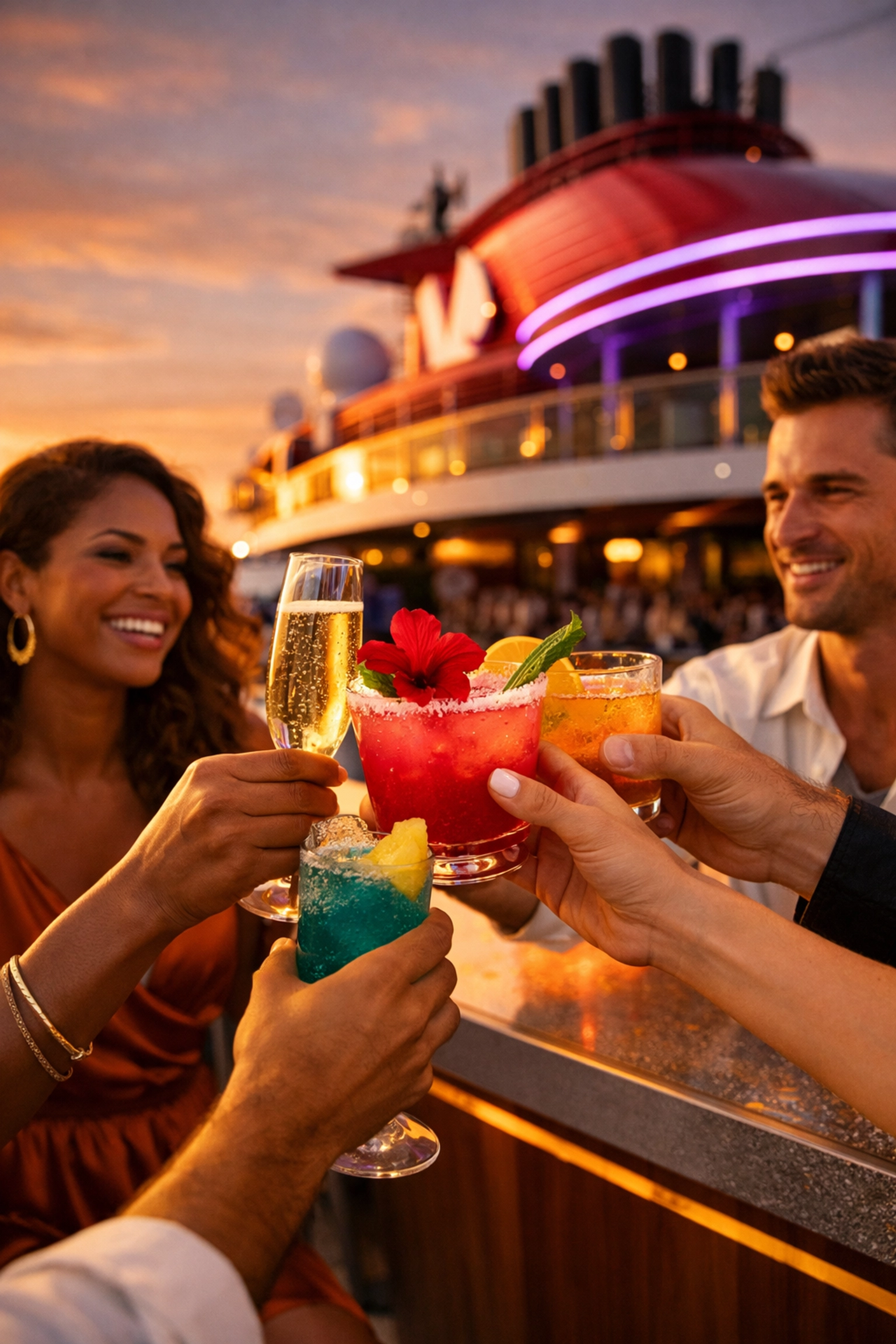 Group of friends clinking cocktails at a sunset bar on a Virgin Voyages group cruise.