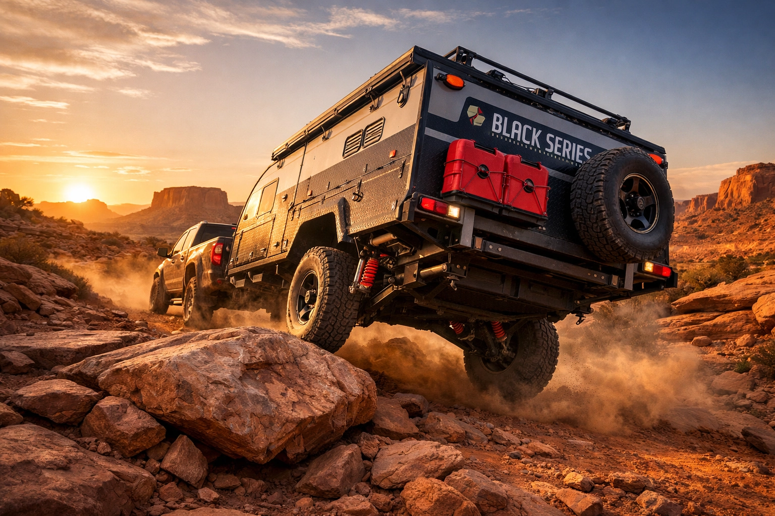 Black Series off-road camper navigating rocky desert terrain with independent suspension