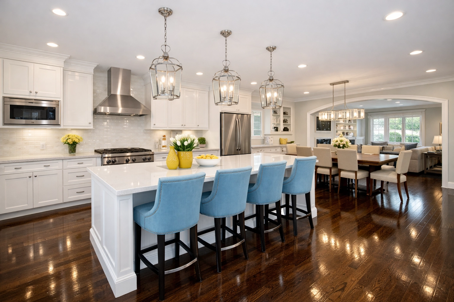 Wide-angle view of a deep-cleaned luxury kitchen with sparkling white cabinets in Natick.