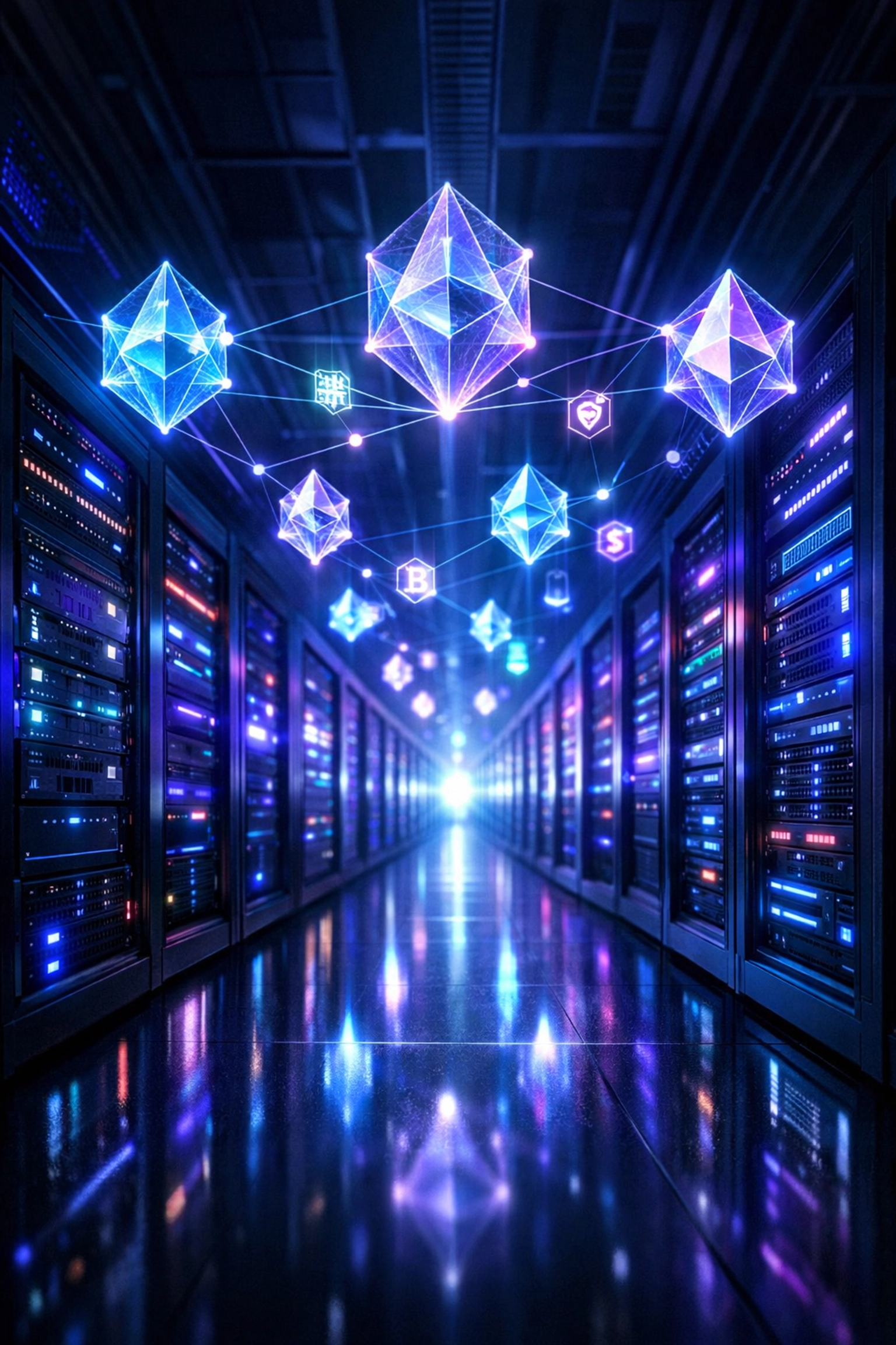 Futuristic data center infrastructure with blockchain network integration for AI investment