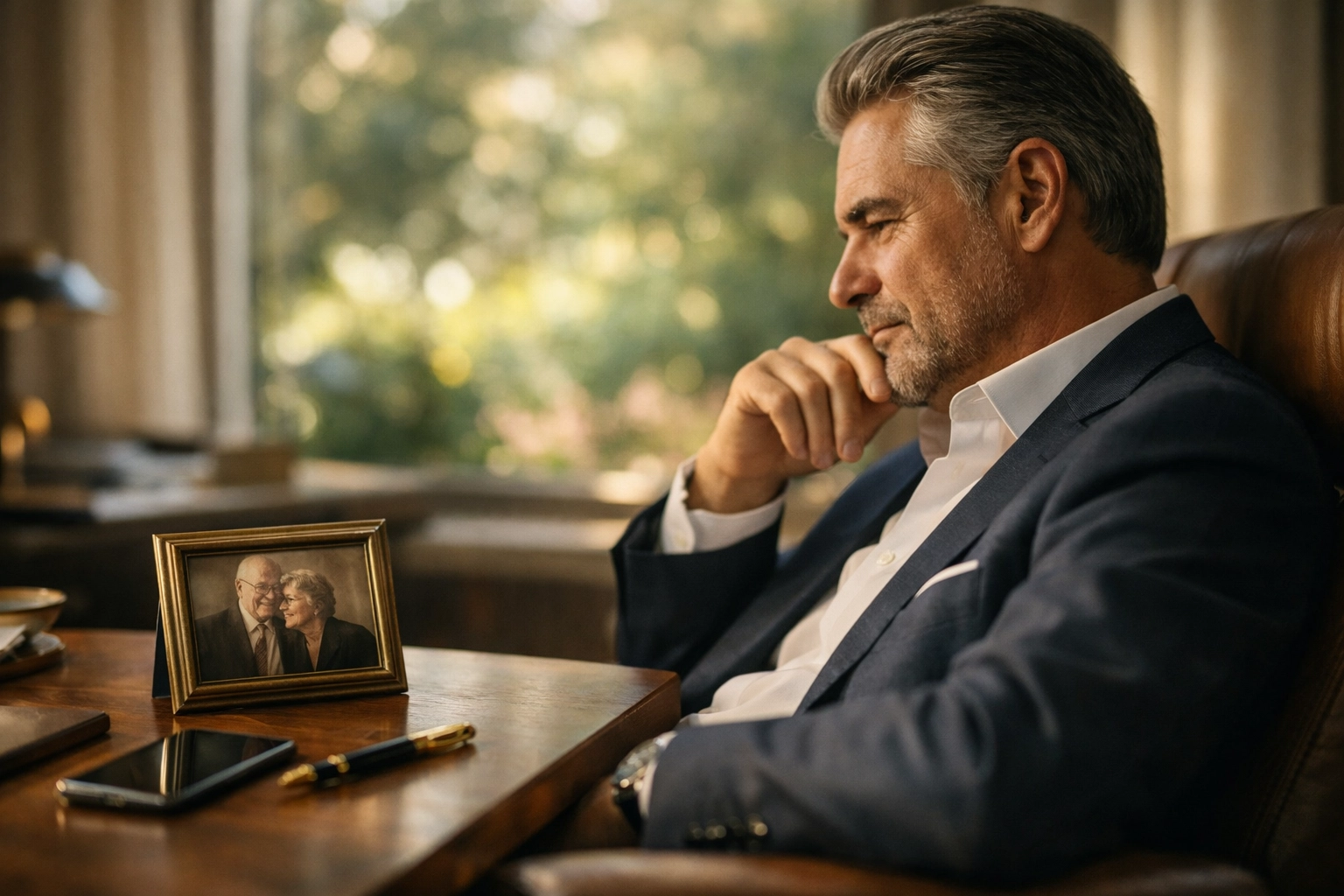 Executive reflecting on aging parents photo, highlighting the financial strain of the sandwich generation.