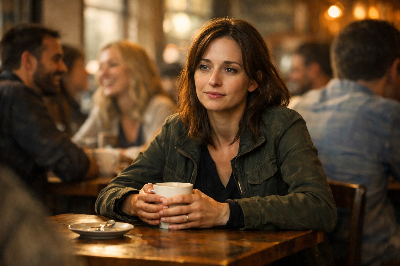 Exhausted woman masking autism symptoms while socializing at busy café