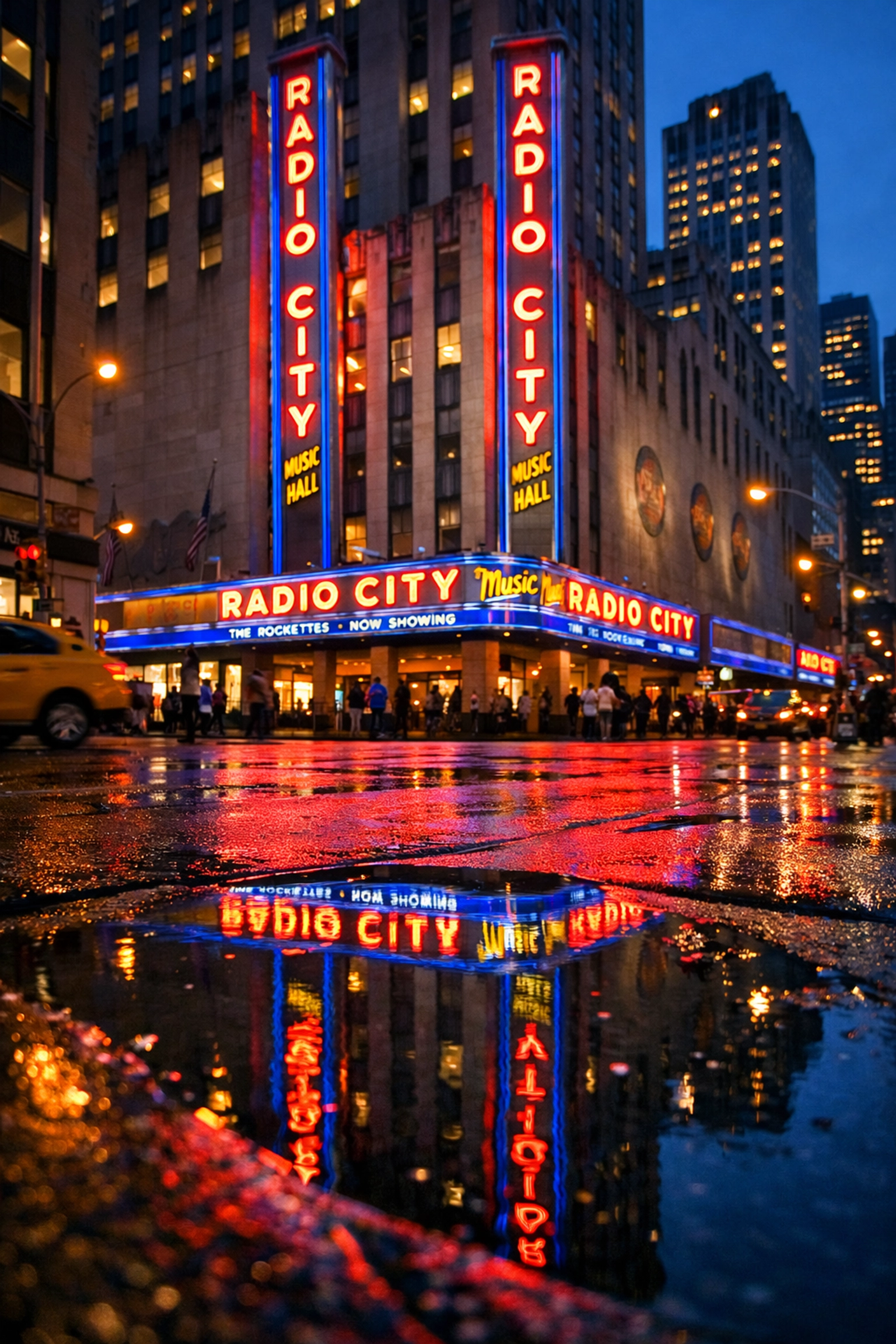 Radio City Music Hall neon lights reflecting on wet streets at night, a classic New York City photography location.