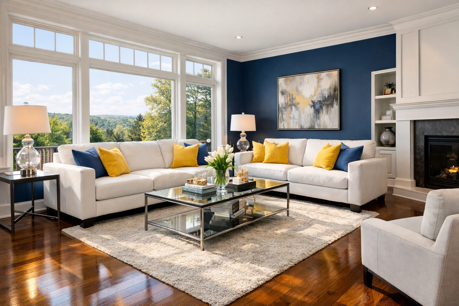 Impeccably clean modern living room in Massachusetts representing professional house cleaning Pepperell MA services.