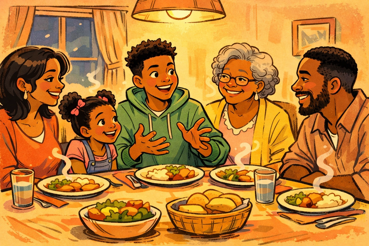 Multi-generational Black family practicing vocabulary at dinner table in Pinellas County