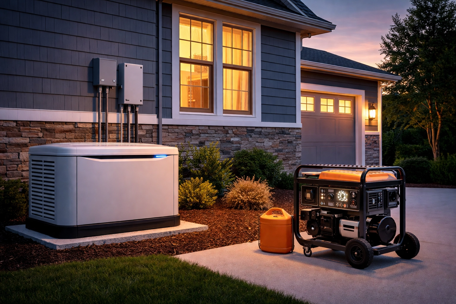 Modern American home at dusk showing both a standby generator and a portable generator for backup power comparison