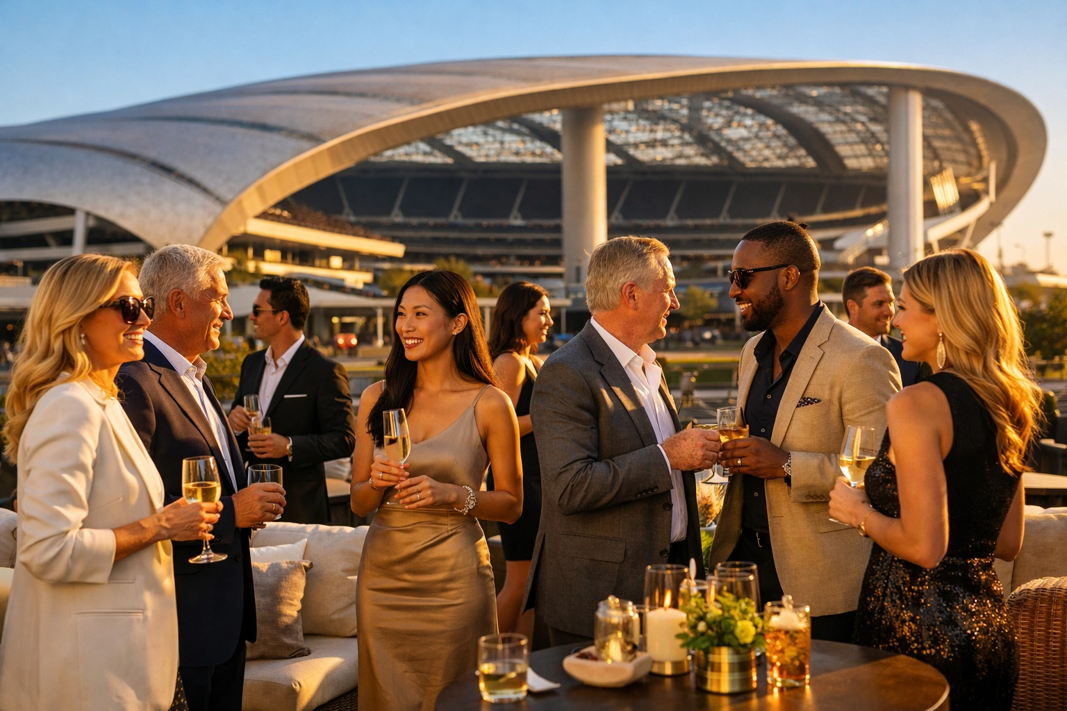 The Executive’s Guide to Mastering the Super Bowl Branding Blitz High-level executives and brand ambassadors networking in a luxury hospitality suite at a major sports stadium.