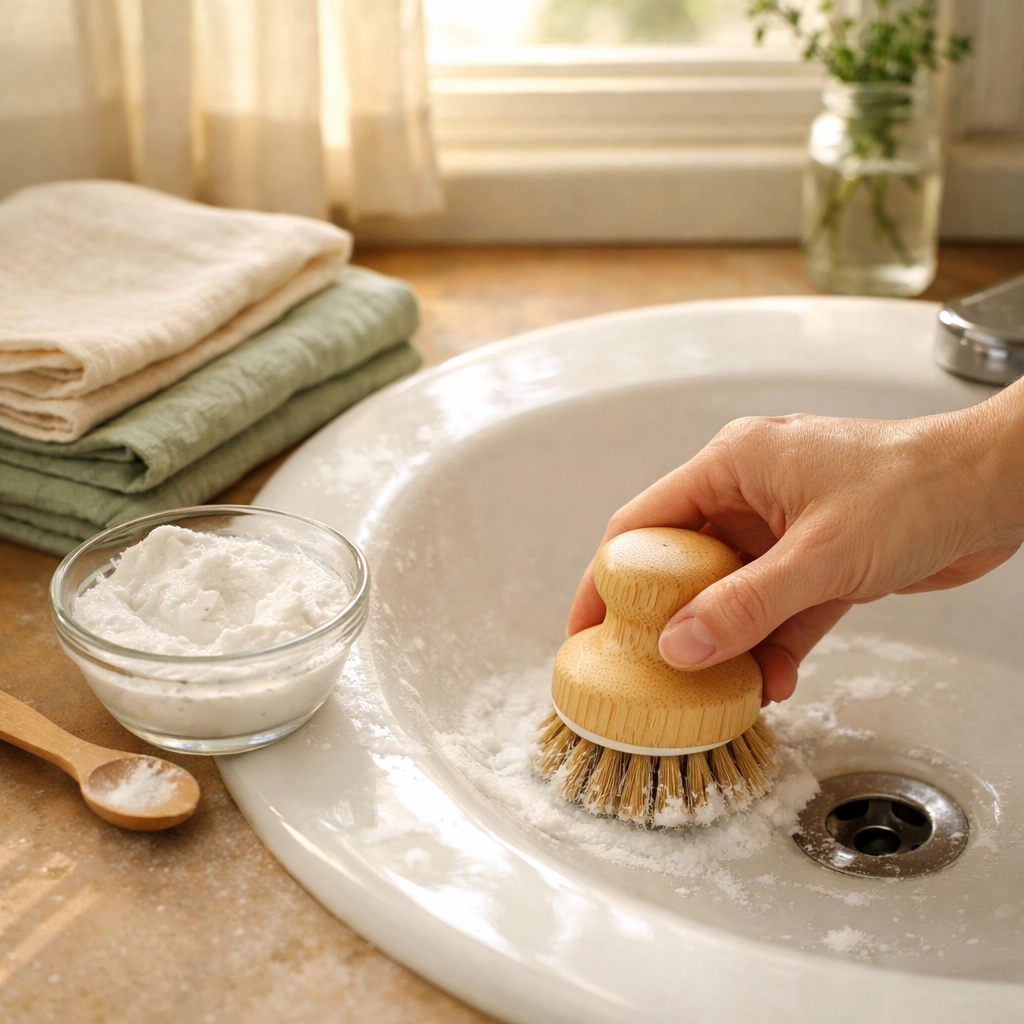 Hands cleaning white sink with bamboo brush and baking soda paste for eco-friendly home cleaning