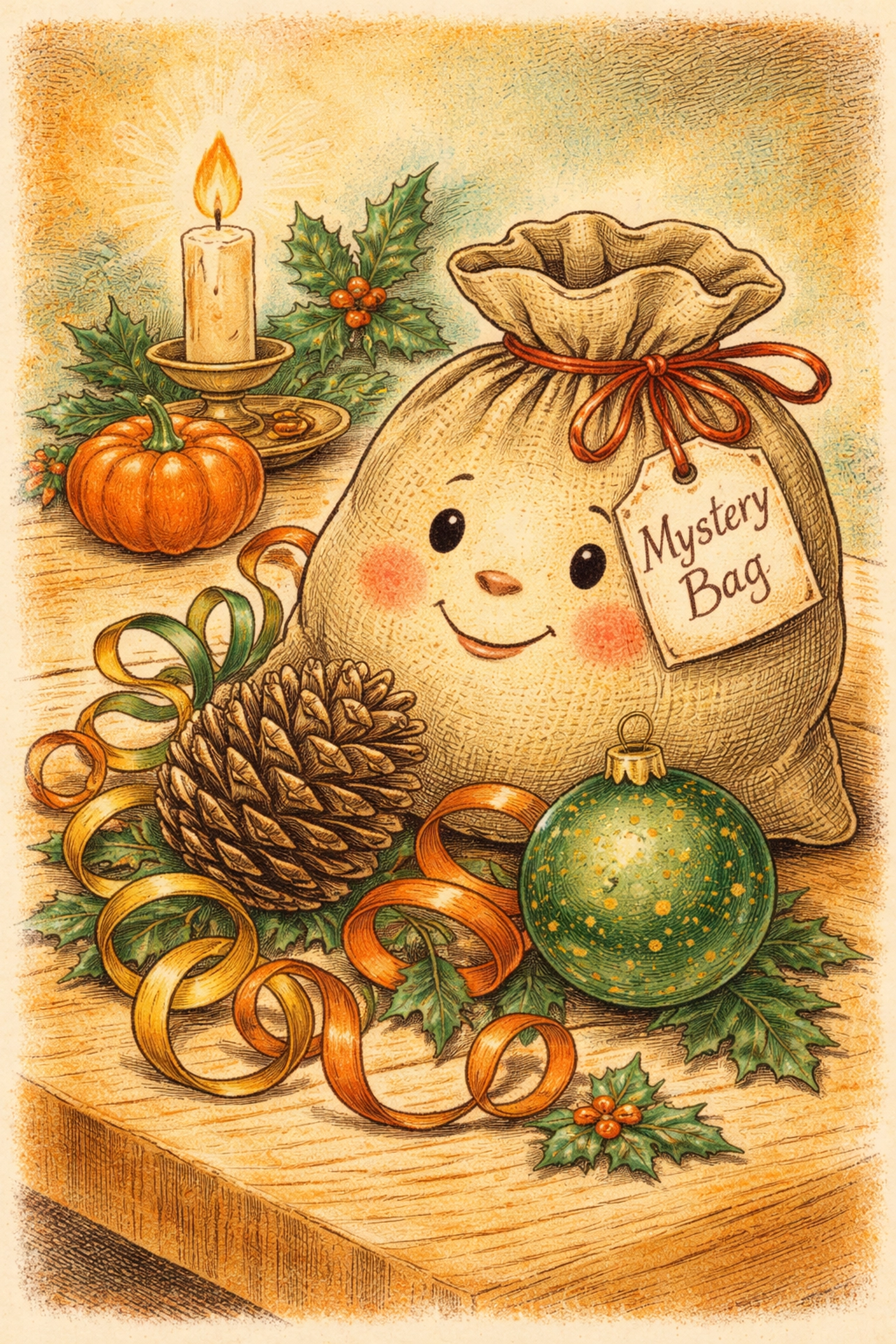 Seasonal mystery bag items such as a pumpkin, ribbons, pinecone, and ornament for sensory play