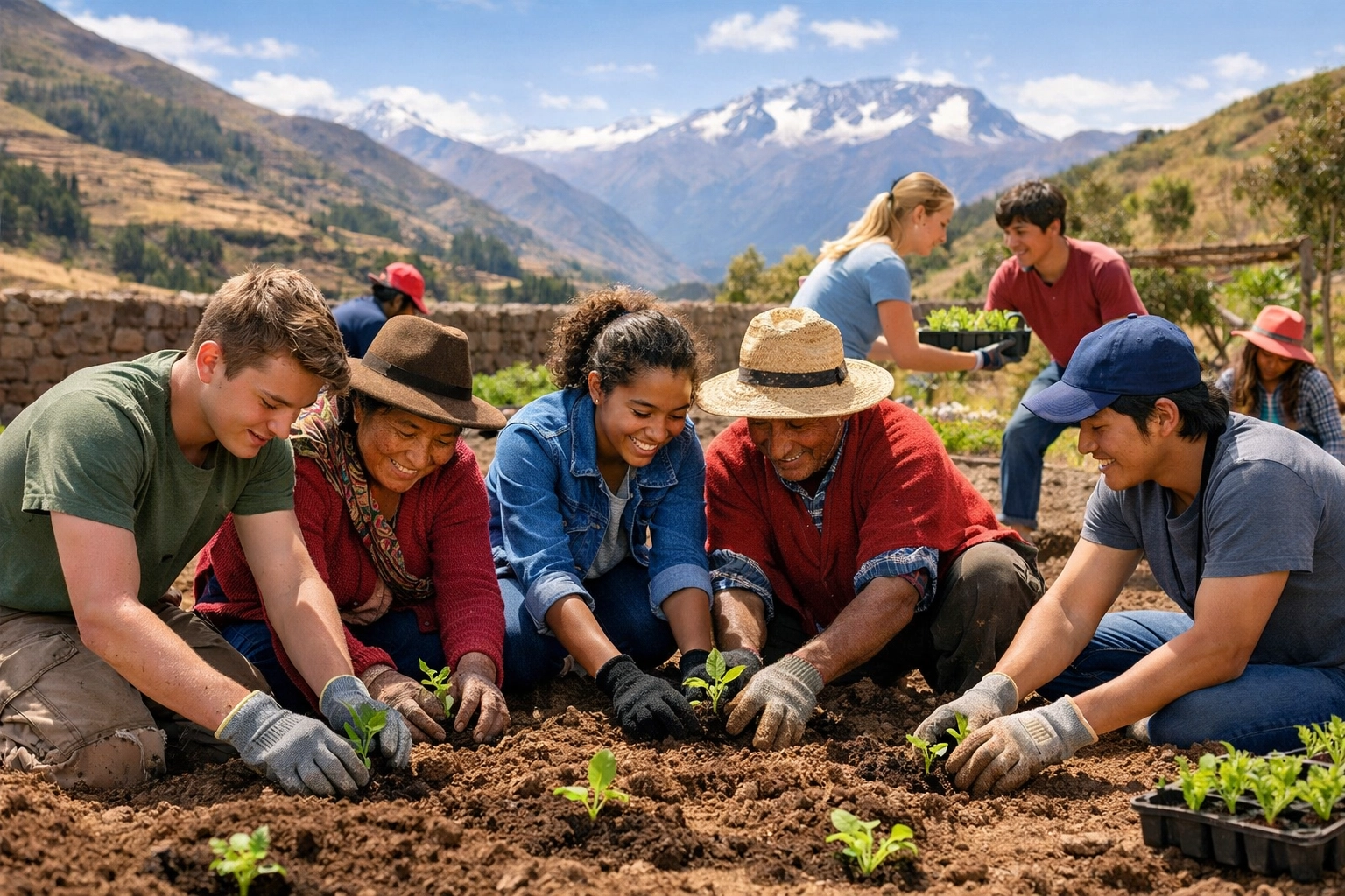 Students participating in service learning project with local community members in Peru garden
