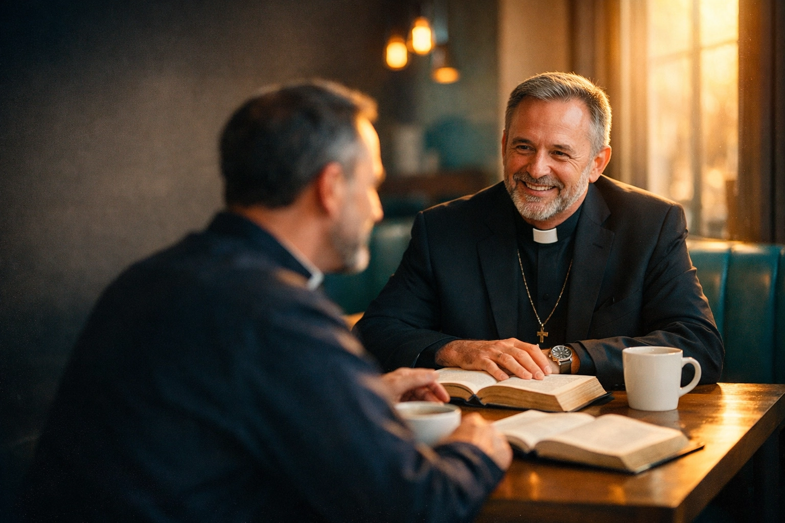 Two church leaders in conversation over coffee and Bibles, building ministry connection