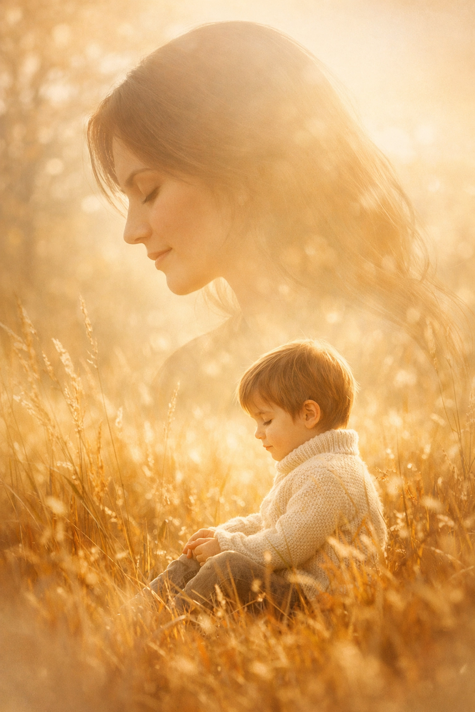 Compassionate woman silhouette with her inner child in a sunlit meadow symbolizing self-parenting.