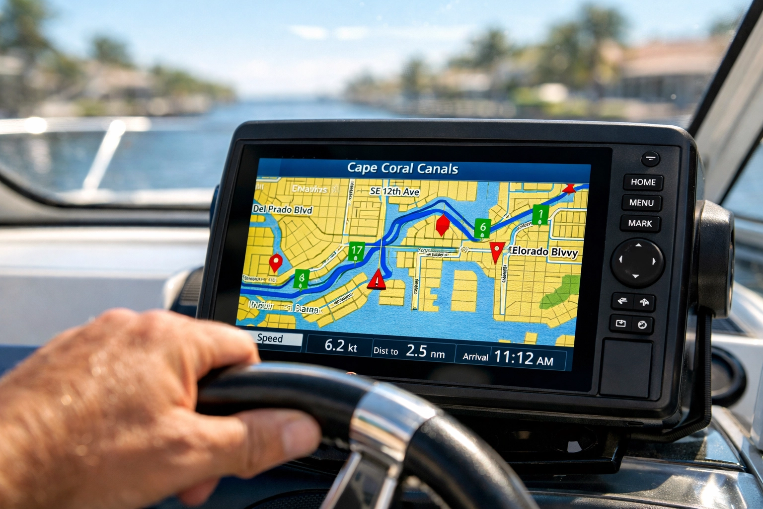 GPS navigation screen showing Cape Coral canal routes and waterway maps for boaters