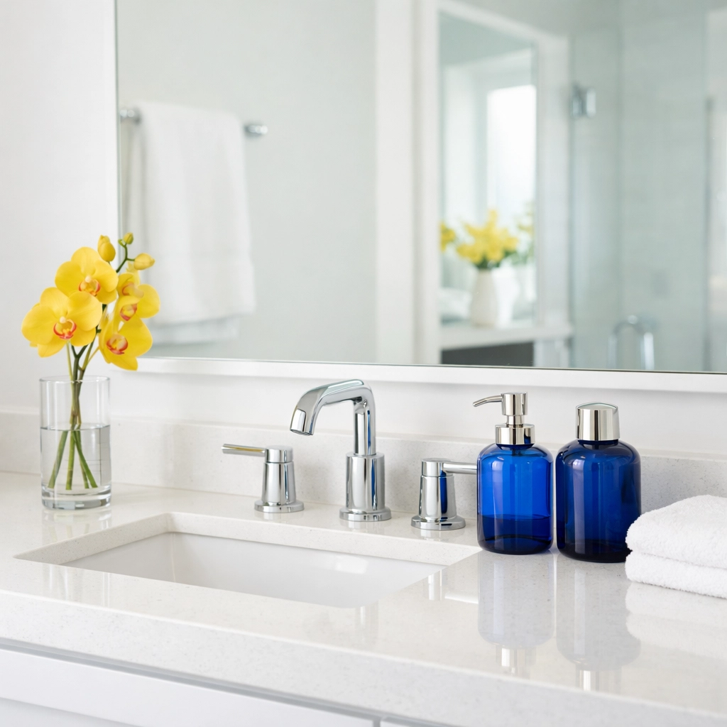Clean and sanitized bathroom vanity with a crystal clear mirror in a Fitchburg residence.
