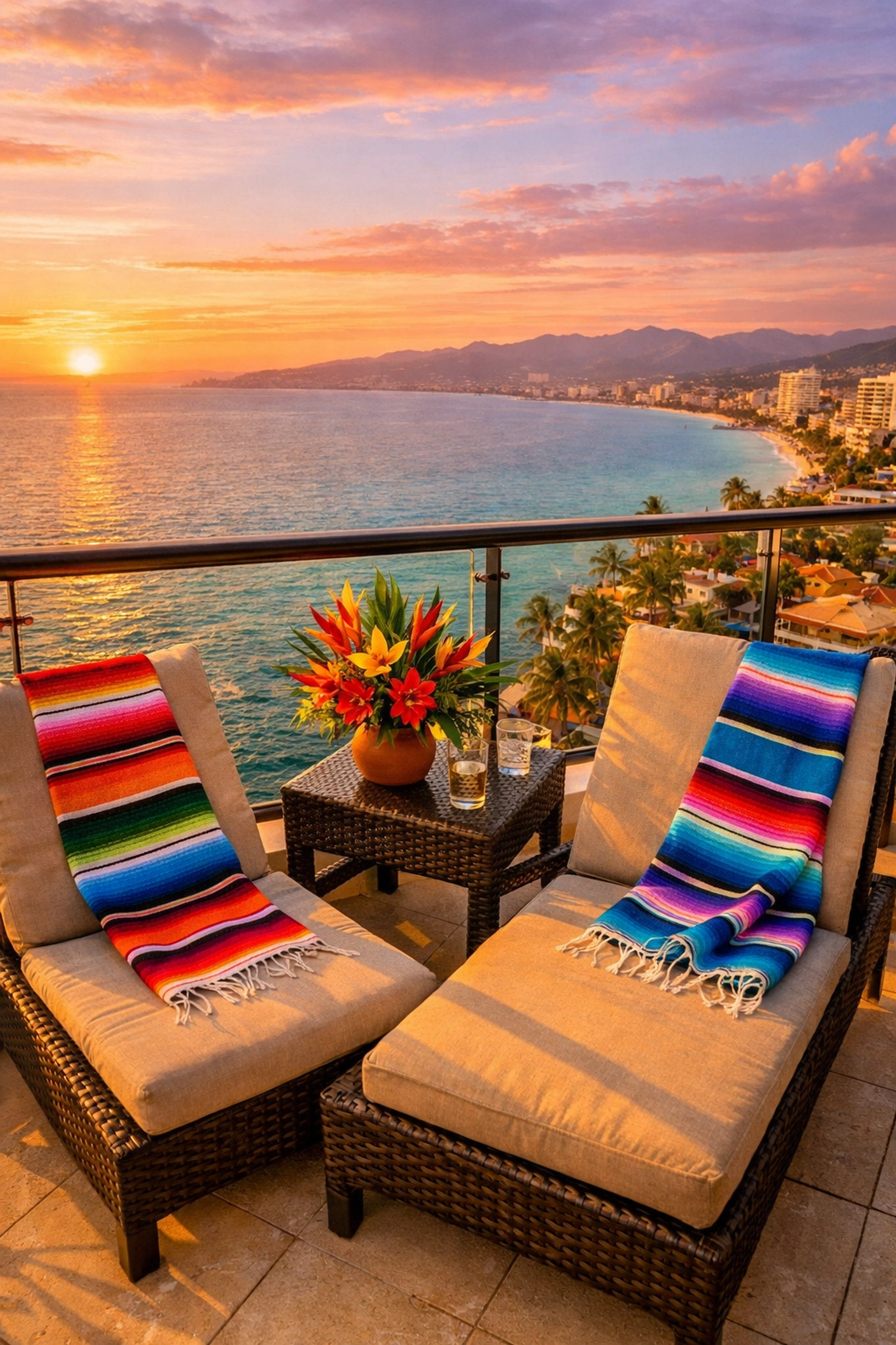 Private condo balcony in Puerto Vallarta with ocean views of Banderas Bay at sunset