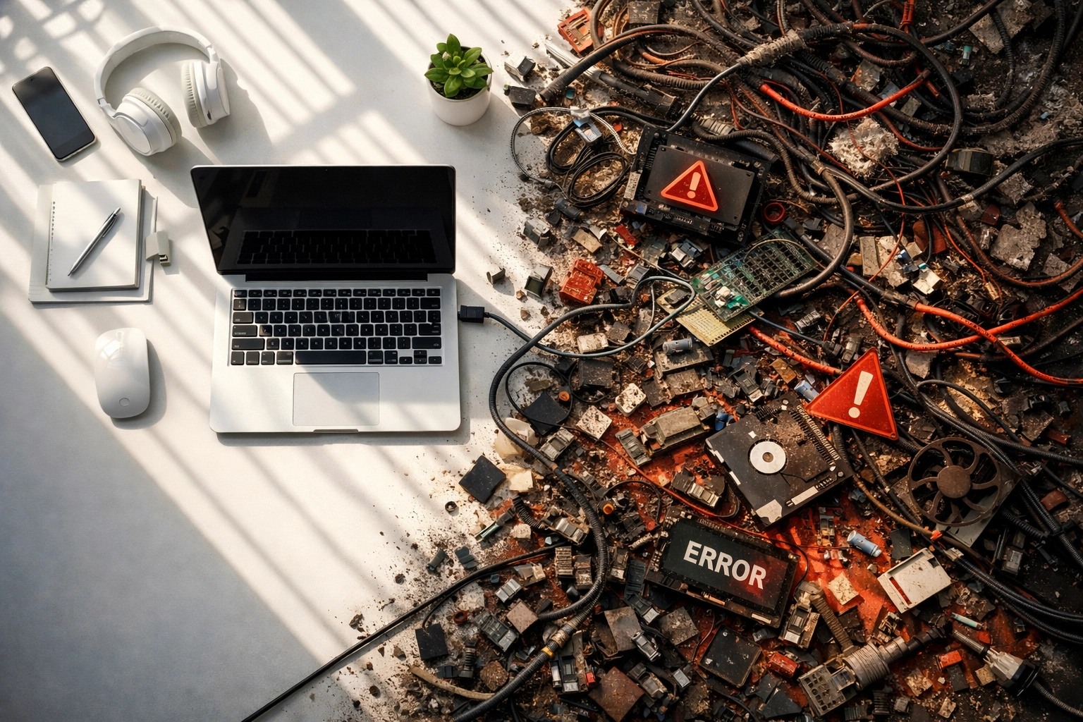 Visual representation of technical SEO debt accumulating from neglected code and site maintenance