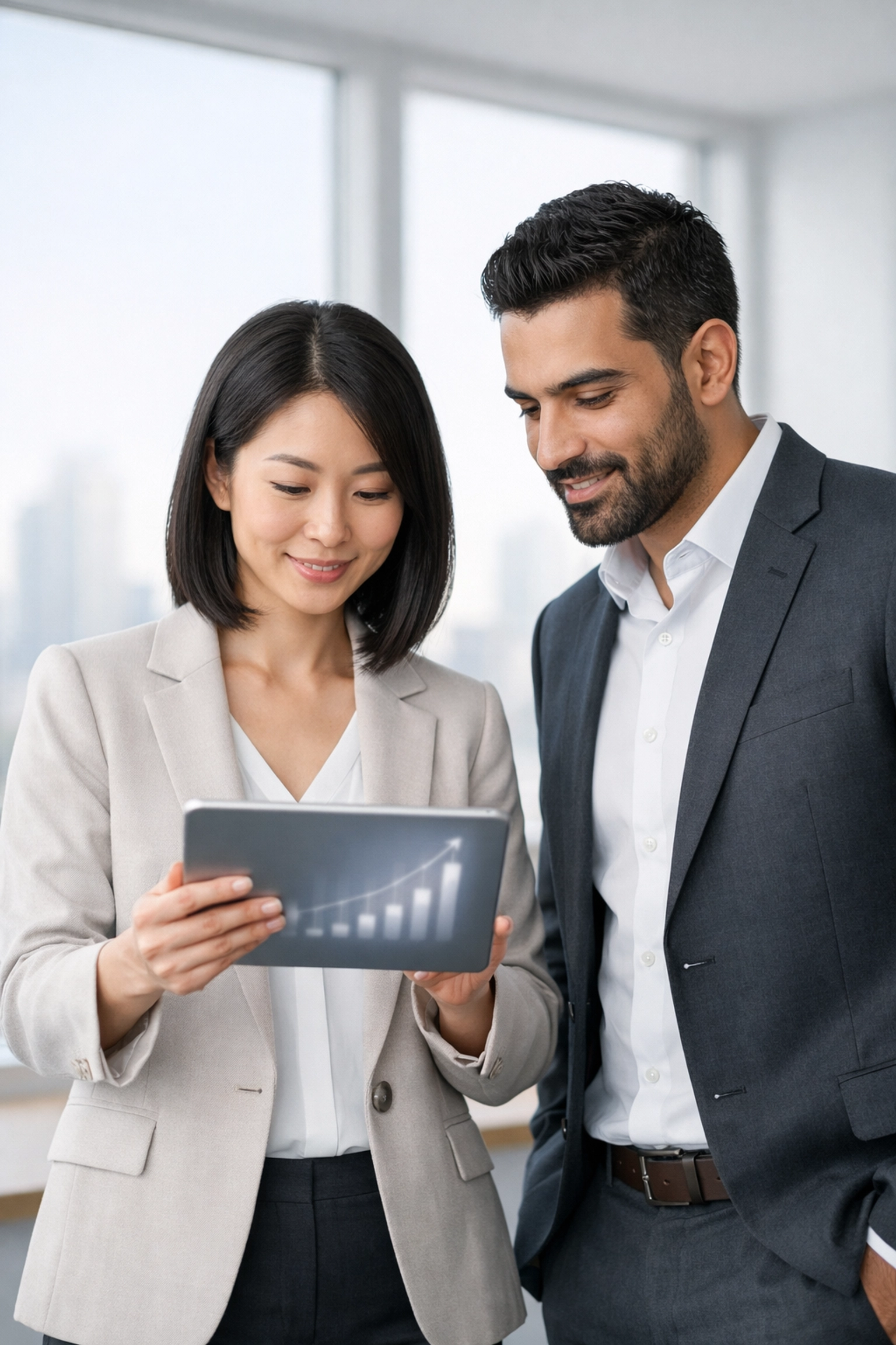 Diverse business partners reviewing digital growth charts for working capital loan planning in a modern office.