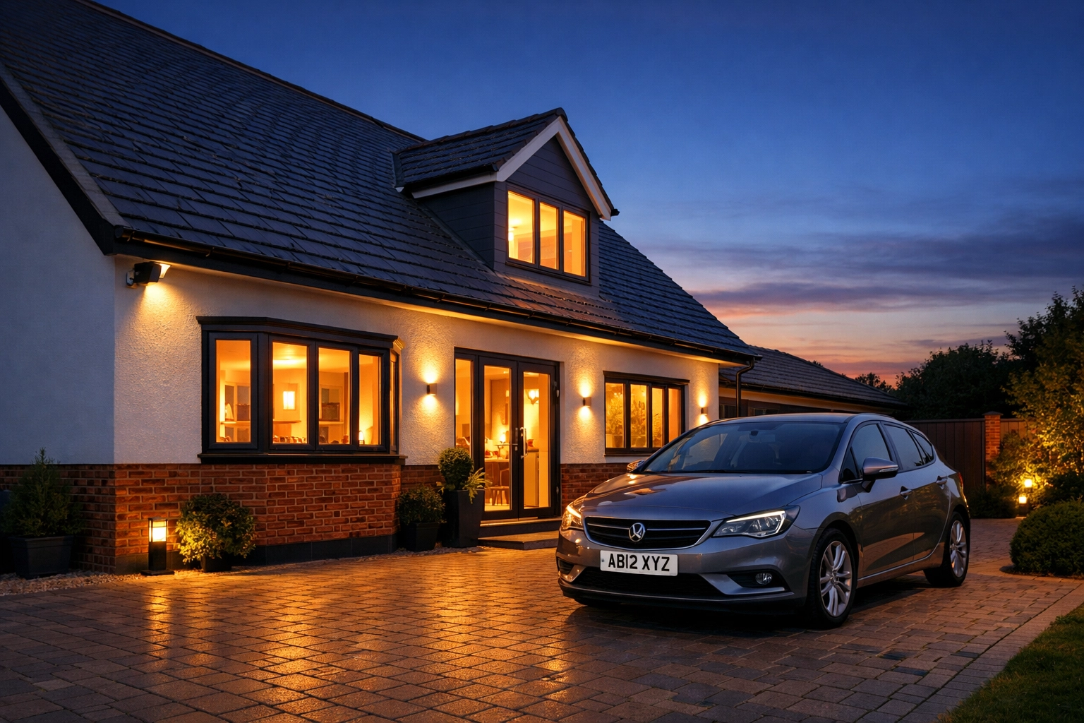 Discreet home CCTV system installed on a modern UK house at twilight for peace of mind.