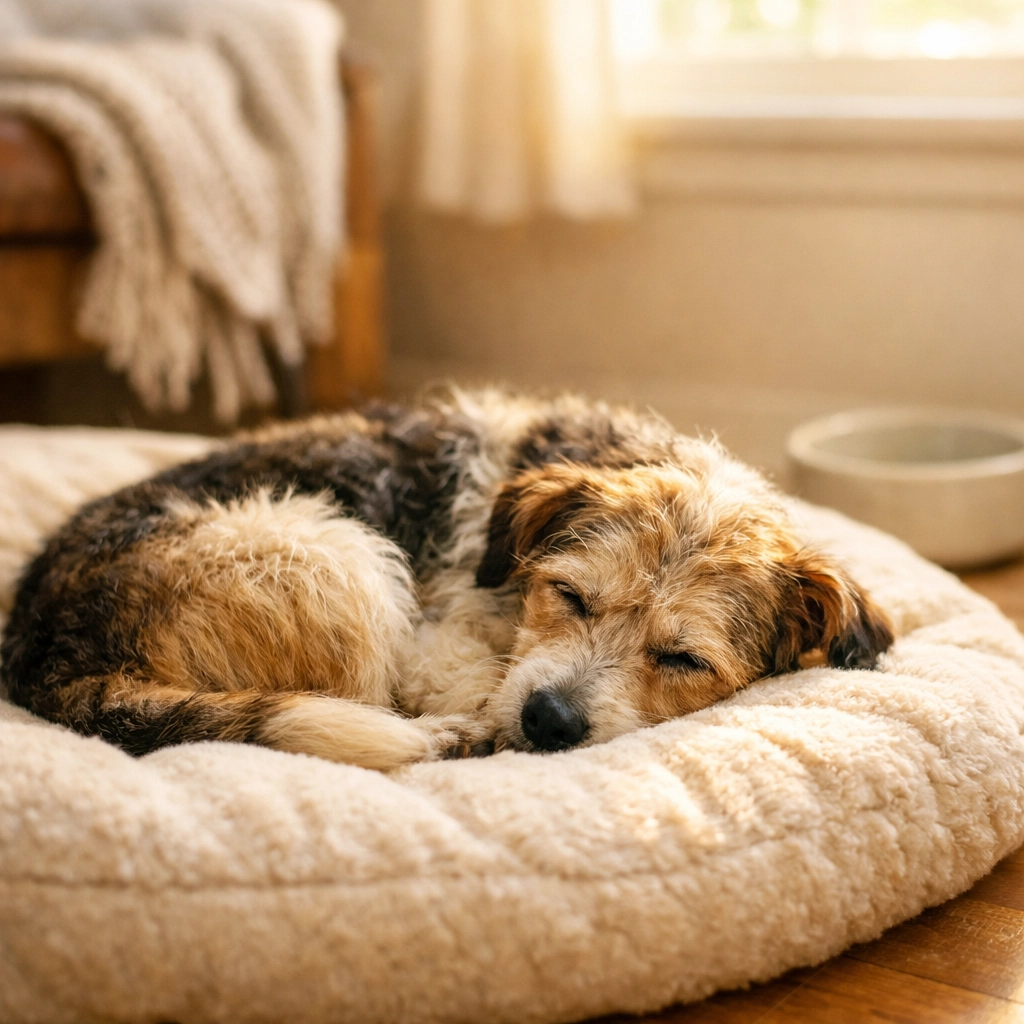 A scruffy rescue dog decompressing on a bed during the first phase of the 3-3-3 rule for adoption.